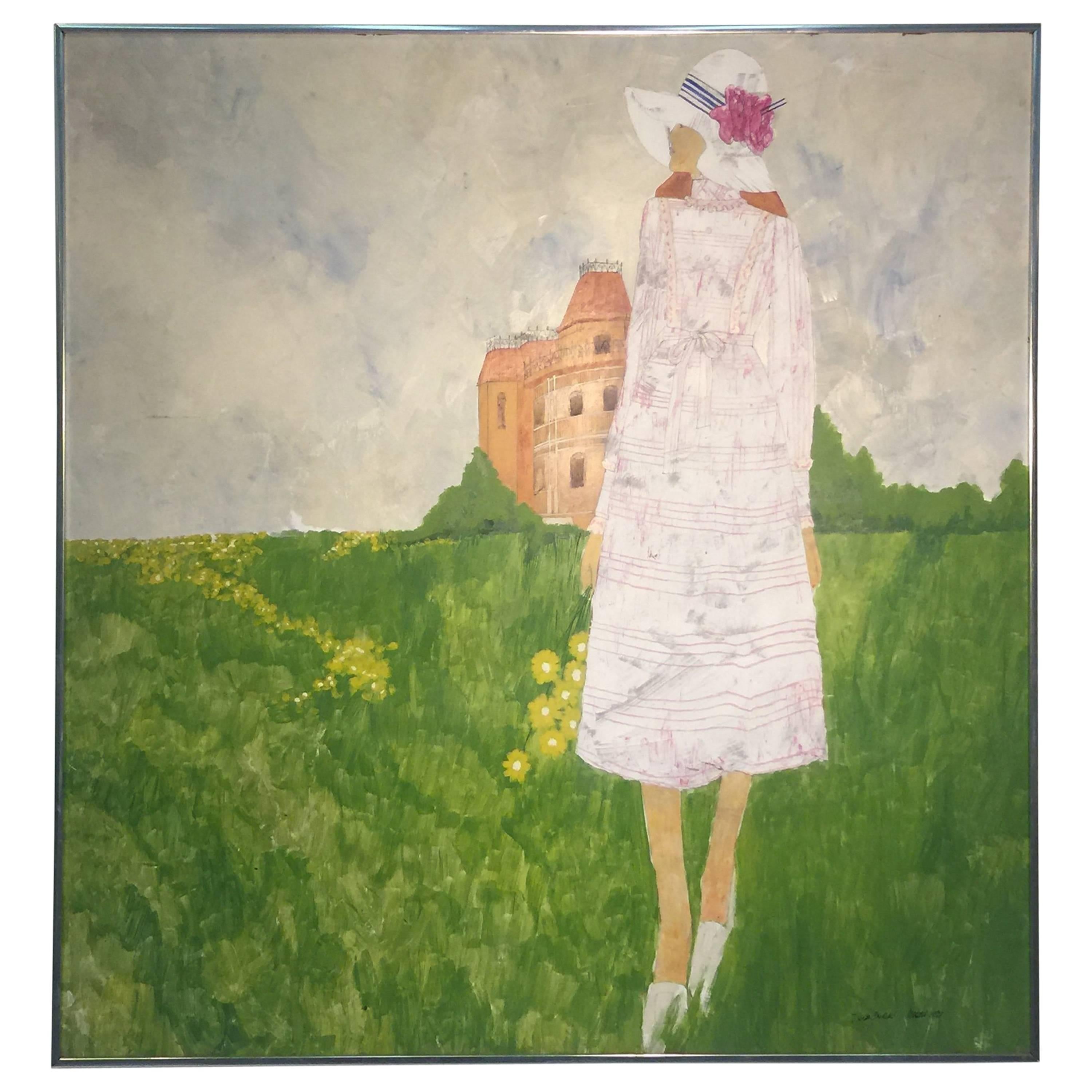 1970s Fashionable Woman in Field of Flowers Painting Signed For Sale