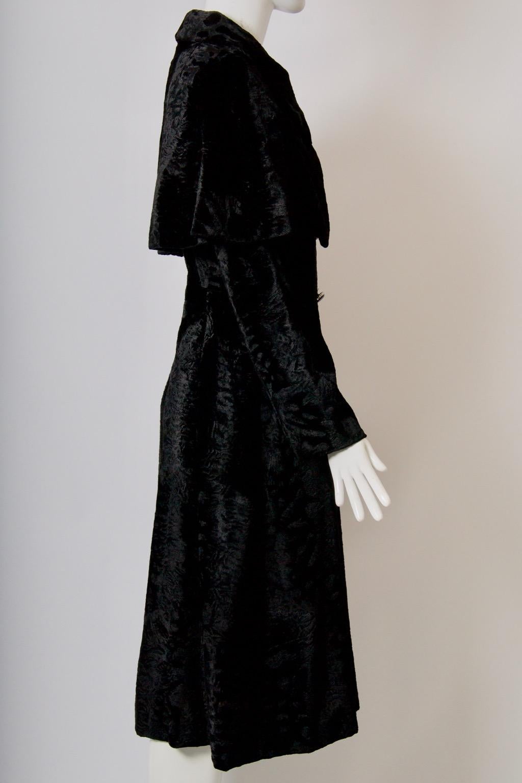 Black 1970s Faux Astrakhan Midi Coat with Cape For Sale