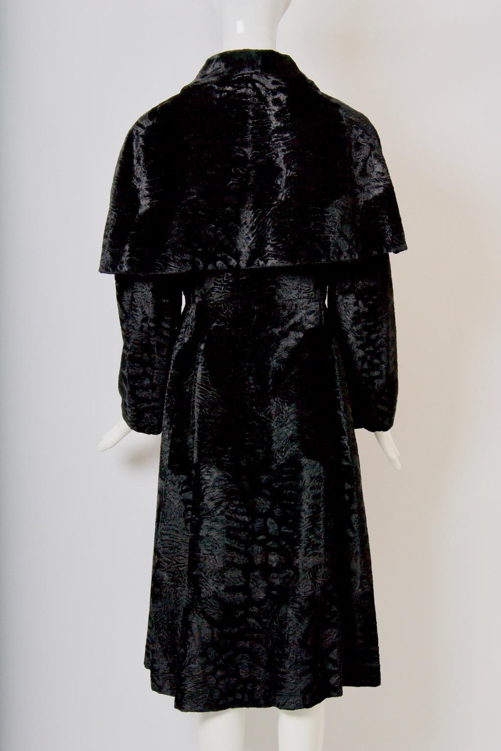 1970s Faux Astrakhan Midi Coat with Cape In Good Condition For Sale In Alford, MA