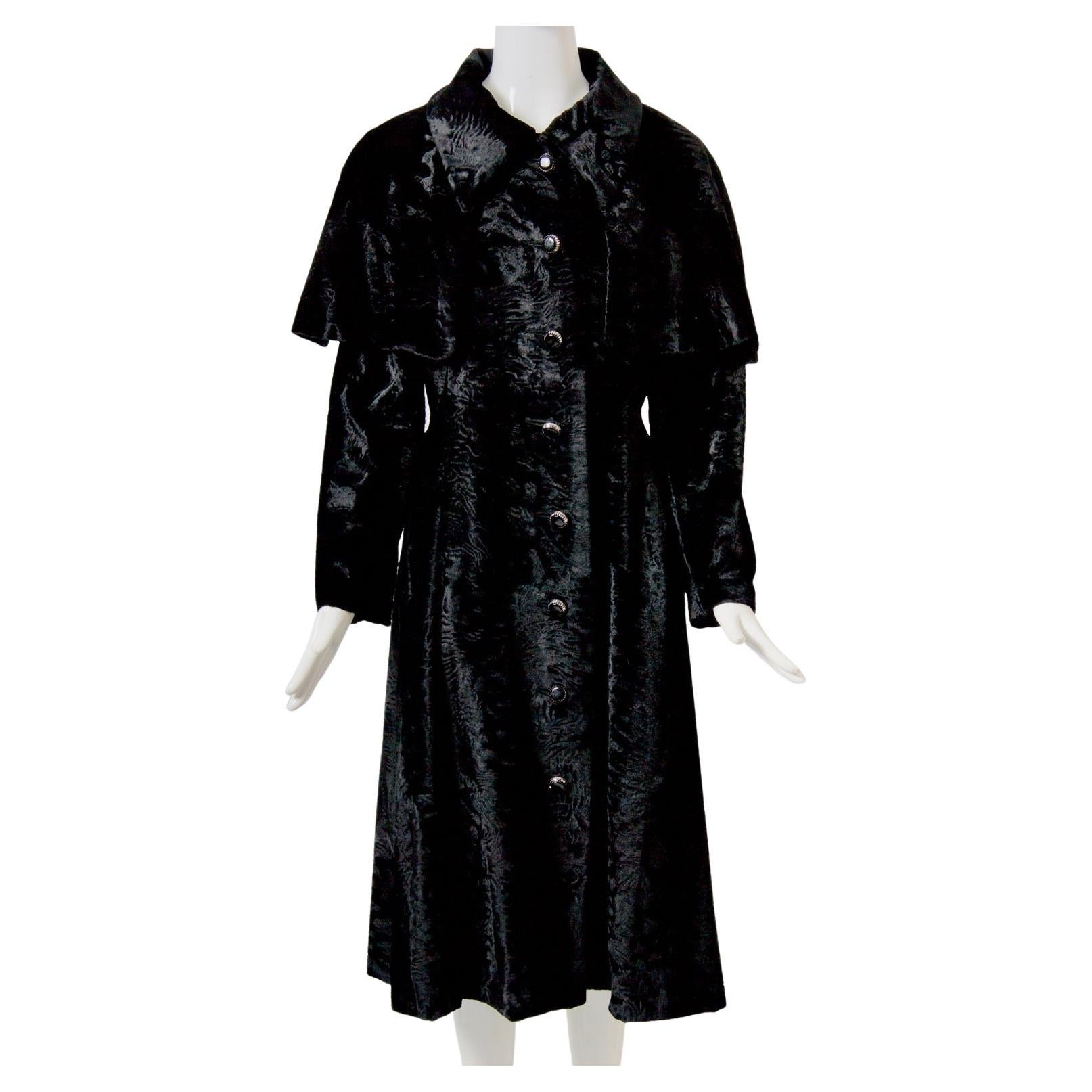 1970s Faux Astrakhan Midi Coat with Cape For Sale