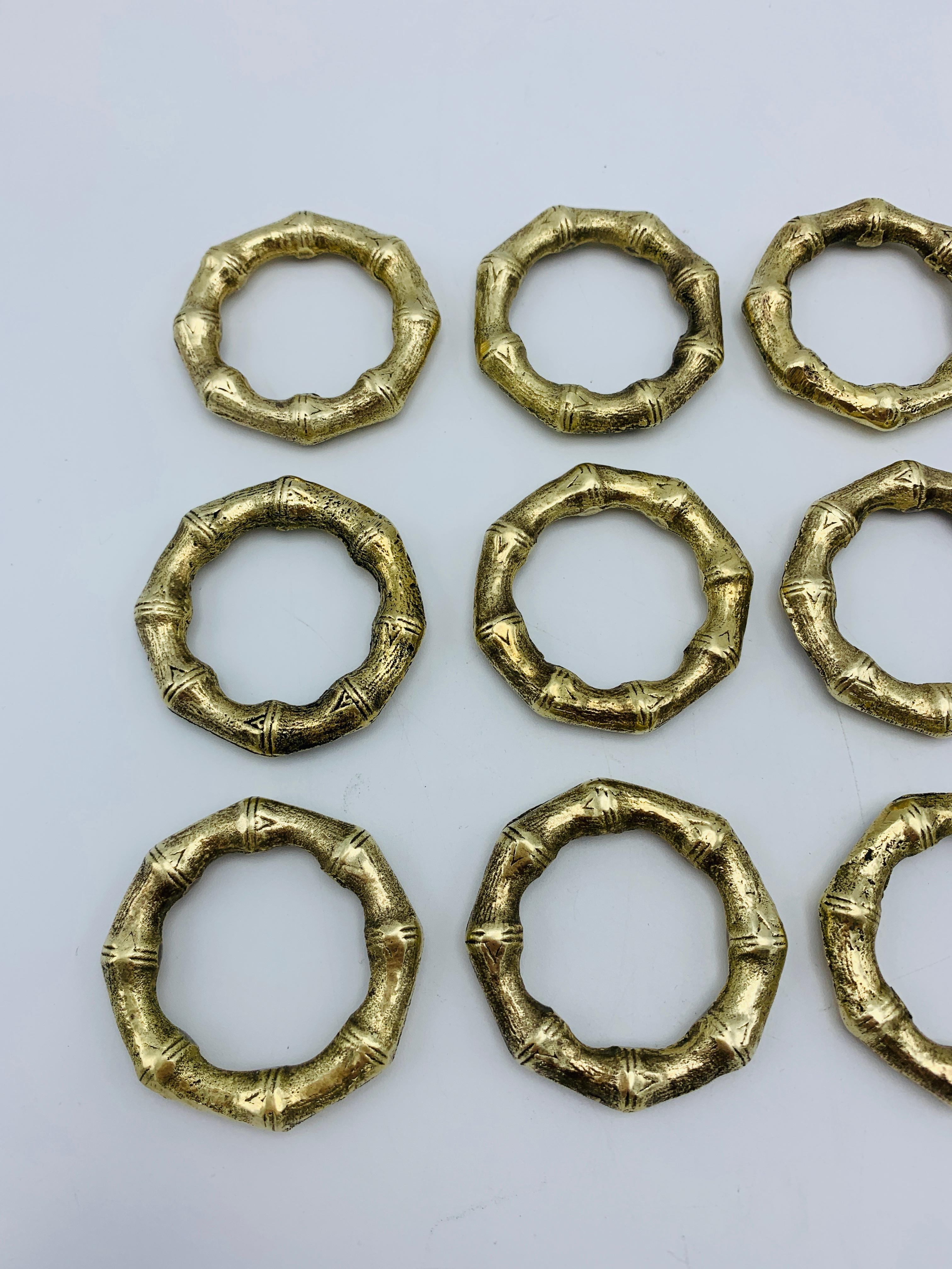 Hollywood Regency 1970s Faux Bamboo Brass Napkin Rings, Set of 12