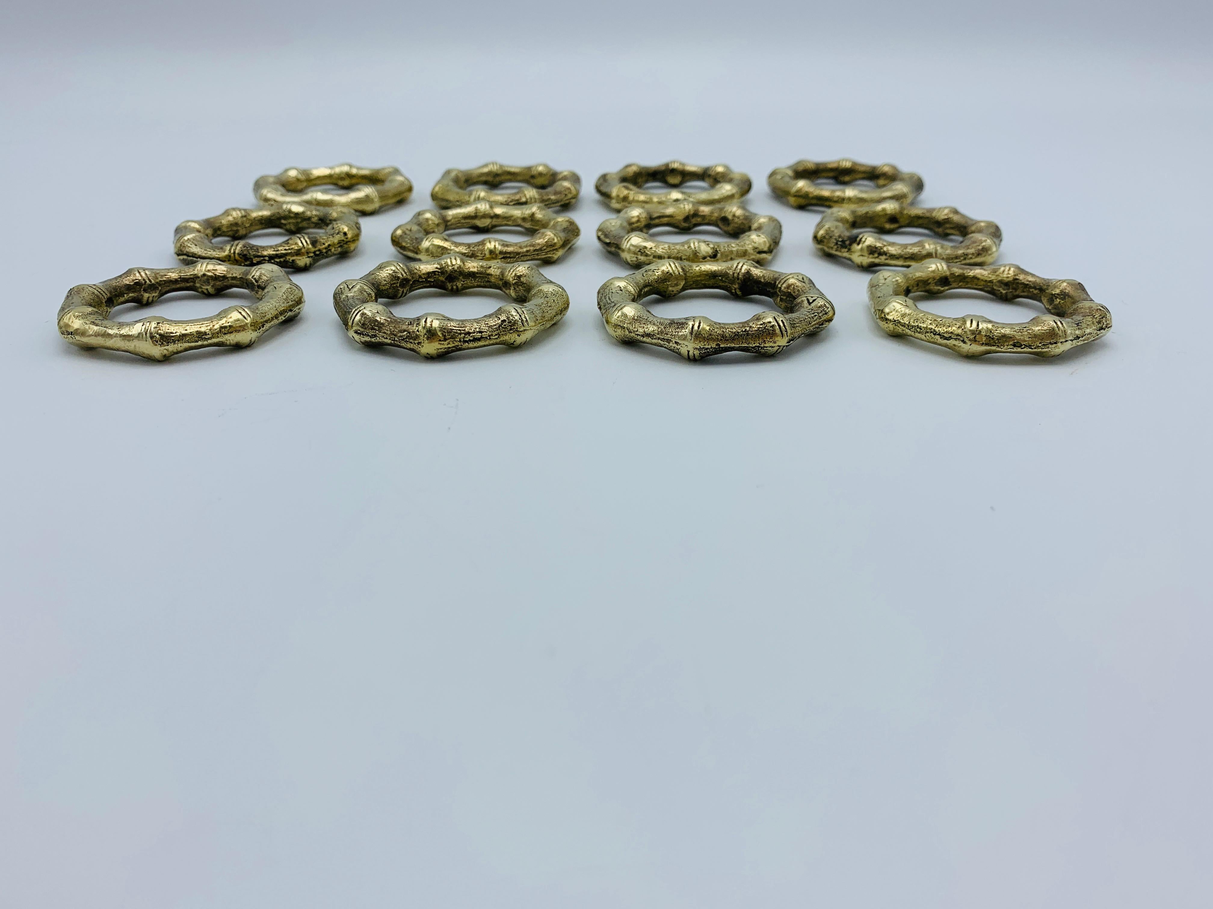 1970s Faux Bamboo Brass Napkin Rings, Set of 12 1