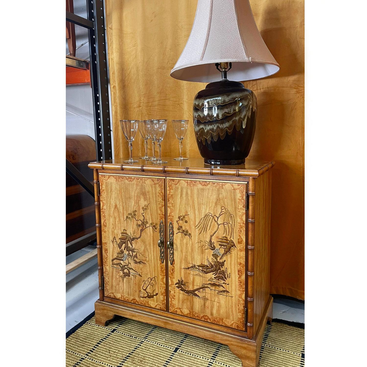 Late 20th Century 1970's Faux Bamboo Chinoiserie Oriental Motif Dry Bar Record Cabinet by Drexel