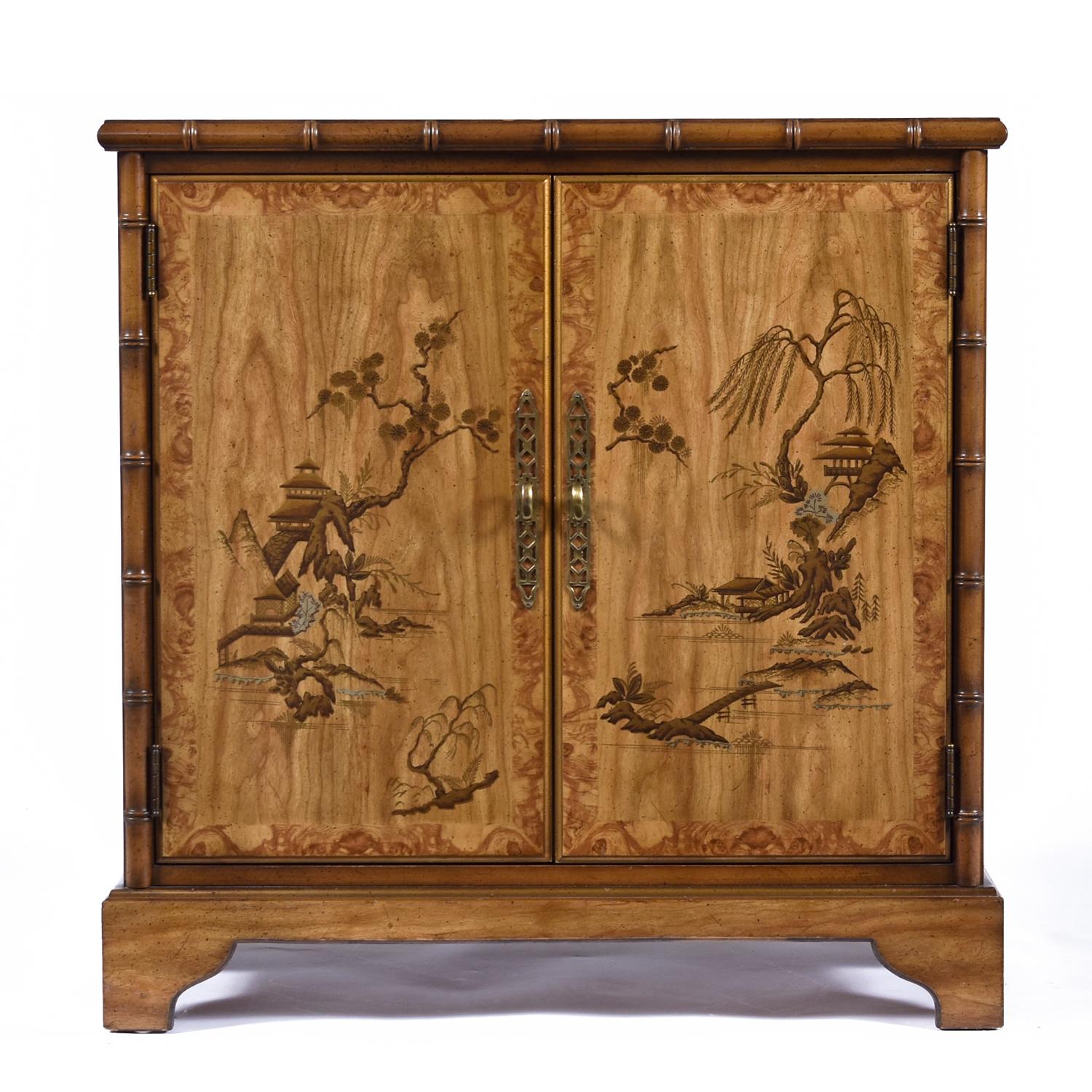 American 1970's Faux Bamboo Chinoiserie Oriental Motif Dry Bar Record Cabinet by Drexel