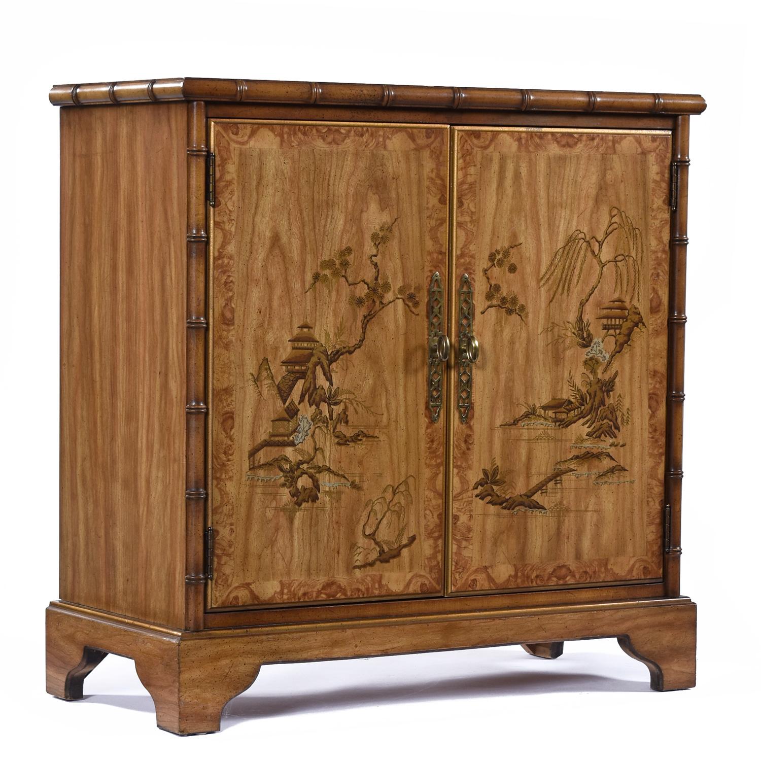 1970's Faux Bamboo Chinoiserie Oriental Motif Dry Bar Record Cabinet by Drexel 1