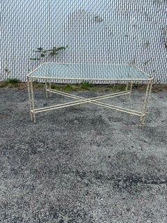 1970s Faux Bamboo Glass Bone Color Brass Coffee Table
