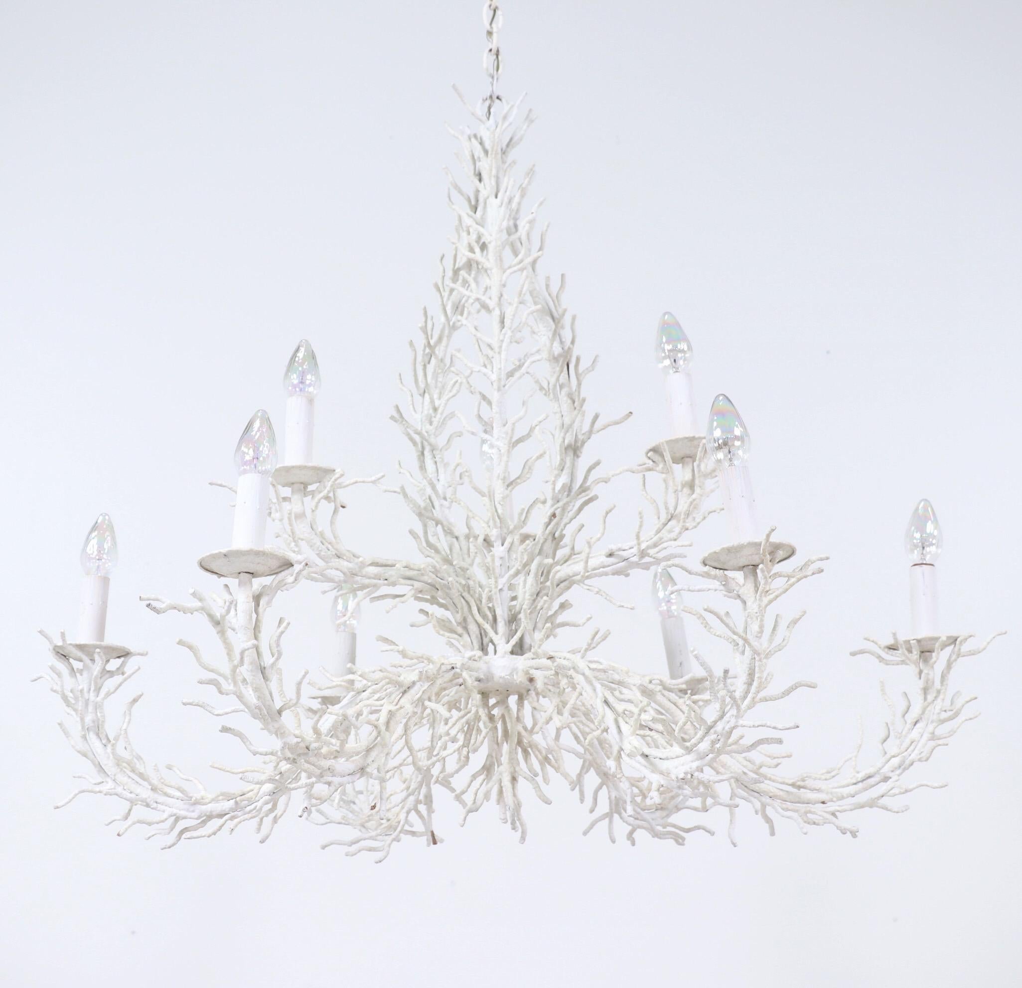 Fabulous, 1970s faux-coral chandelier.

The chandelier consists of a 2-tier wrought iron frame designed in the form of coral branches. 

The chandelier is wired and in working condition, it requires 9 Edison bulbs. Original ceiling canopy and