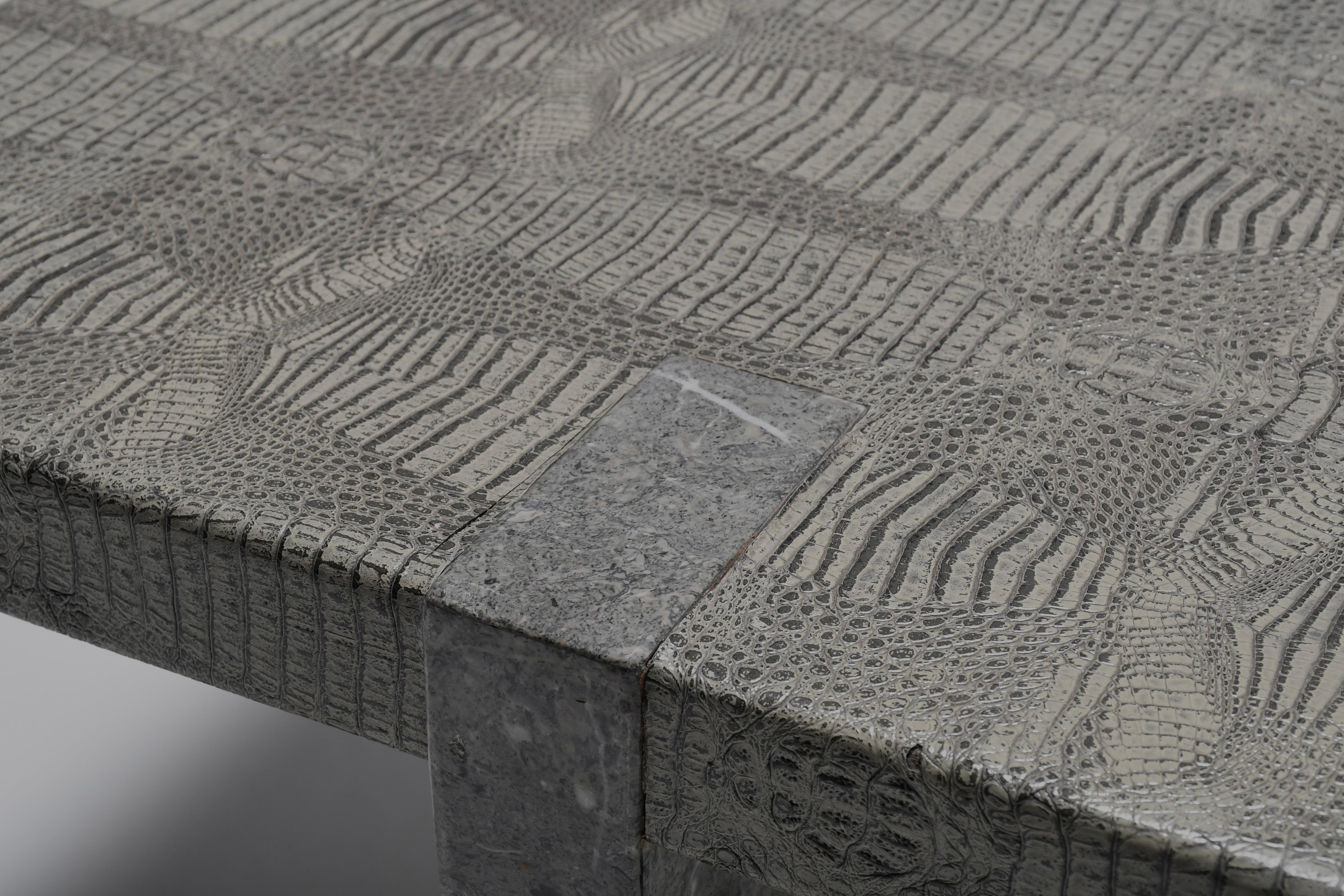 20th Century 1970s Faux Crocodile Skin and Marble Coffee Table For Sale