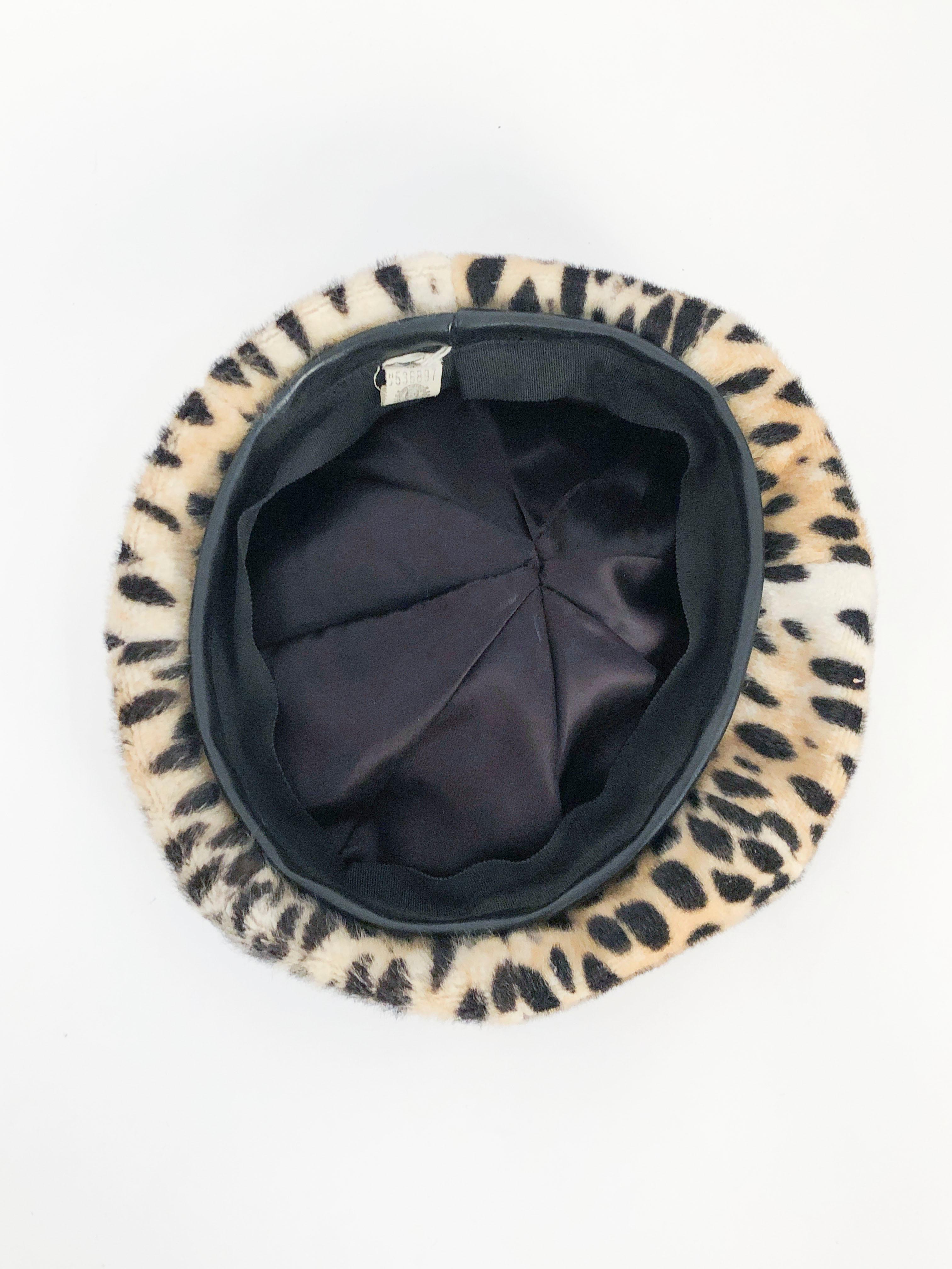 1970s Faux Fur Cheetah Print and Vegan Leather Beret  In Good Condition In San Francisco, CA