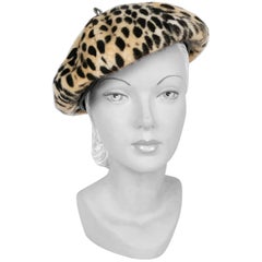 1970s Faux Fur Cheetah Print and Vegan Leather Beret