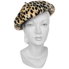 Retro 1970s Faux Fur Cheetah Print and Vegan Leather Beret 