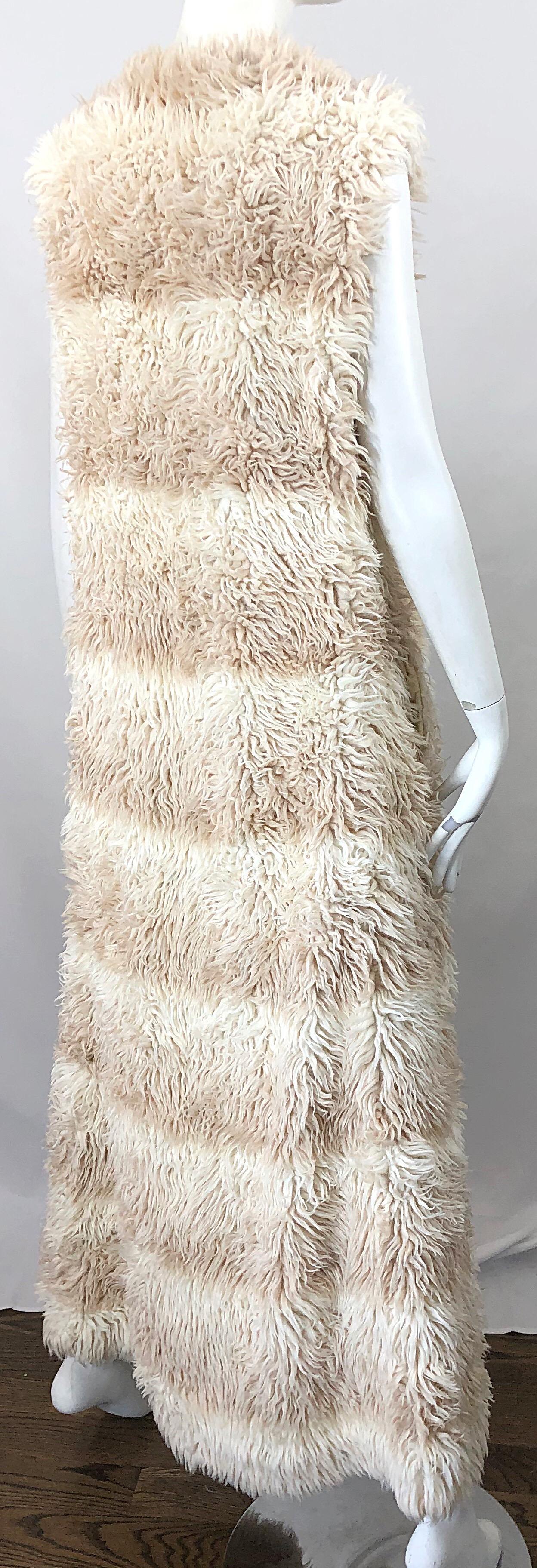 1970s Faux Fur Ivory + Tan Striped Vintage 70s Long Boho Shag Maxi Vest 5