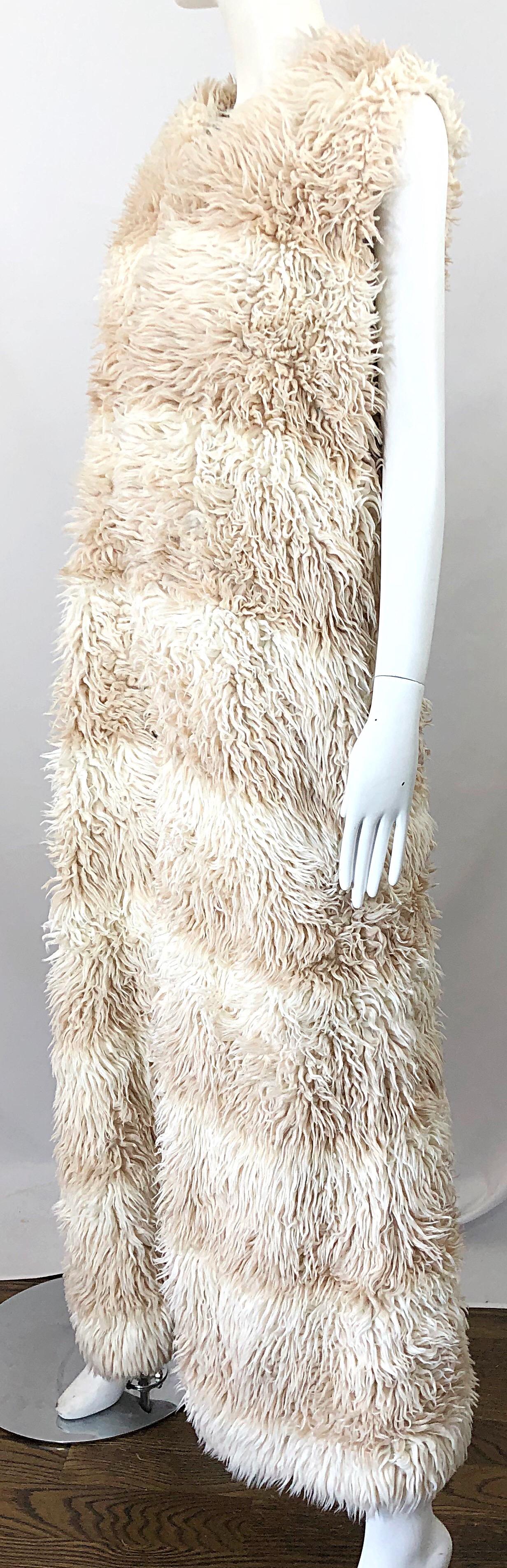 1970s Faux Fur Ivory + Tan Striped Vintage 70s Long Boho Shag Maxi Vest 6