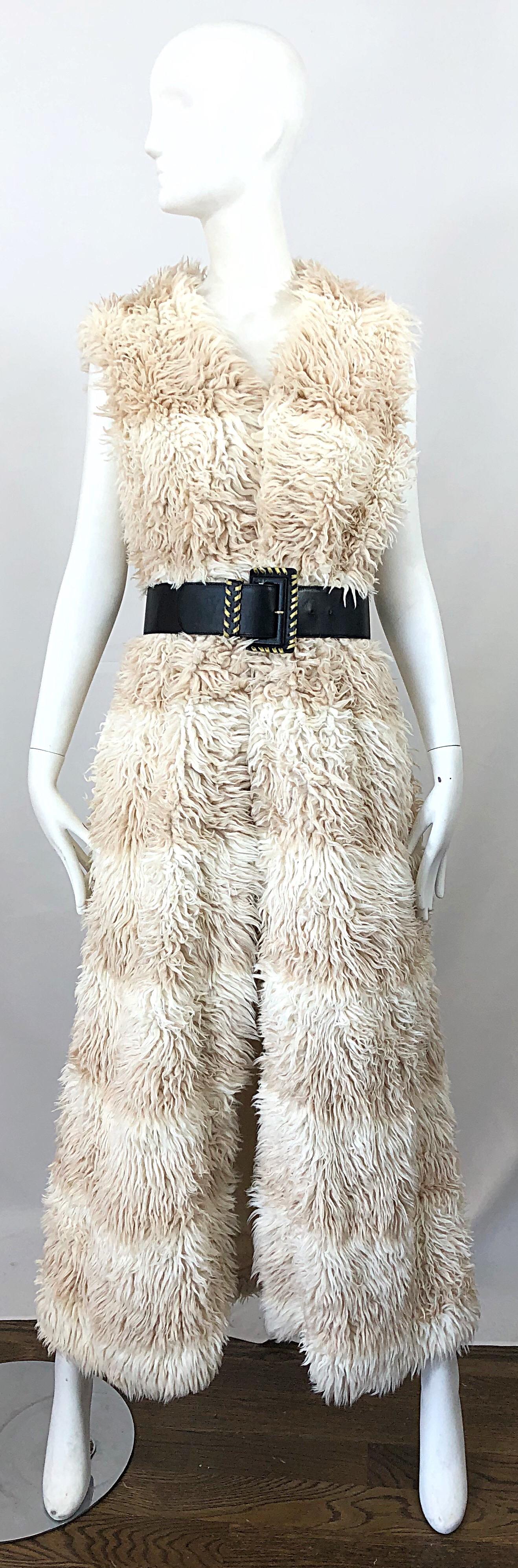 1970s Faux Fur Ivory + Tan Striped Vintage 70s Long Boho Shag Maxi Vest 7