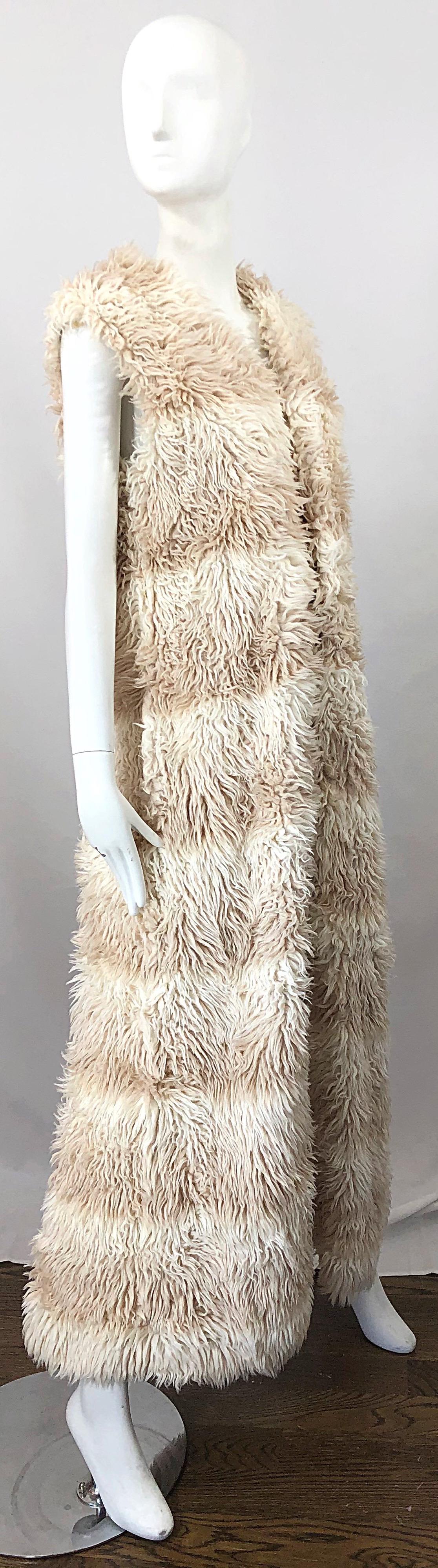 1970s Faux Fur Ivory + Tan Striped Vintage 70s Long Boho Shag Maxi Vest 8