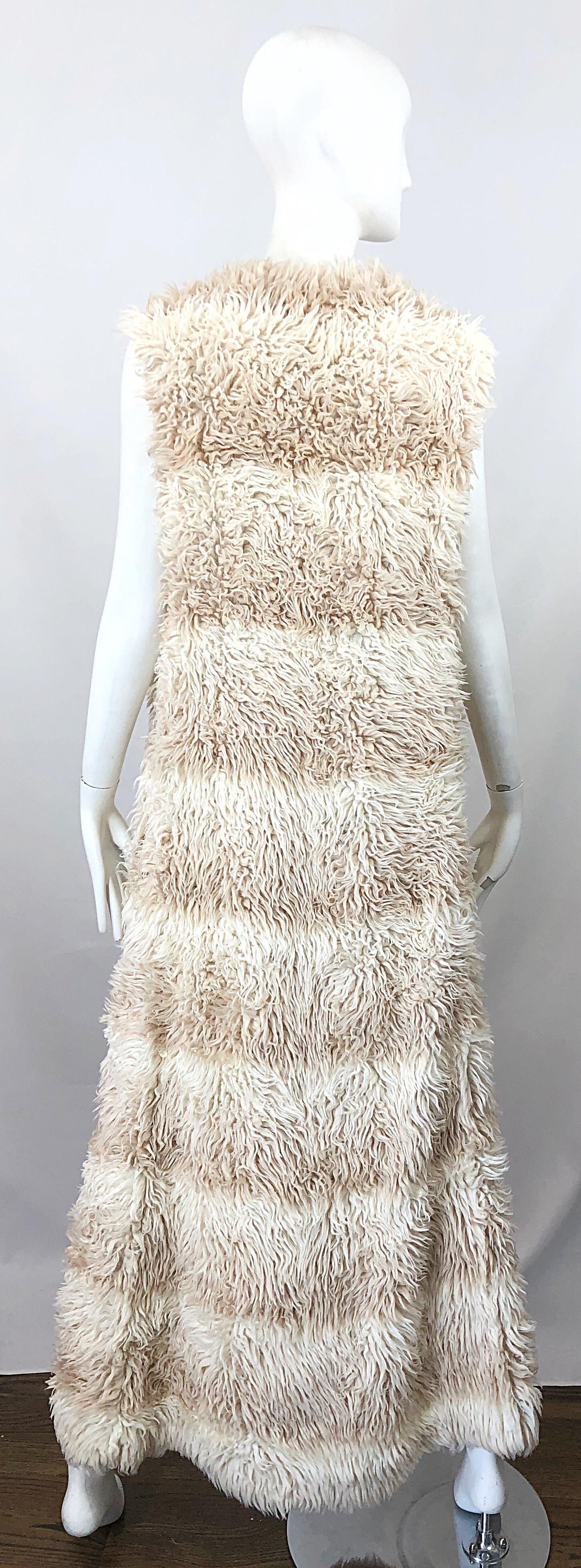 1970s Faux Fur Ivory + Tan Striped Vintage 70s Long Boho Shag Maxi Vest 9