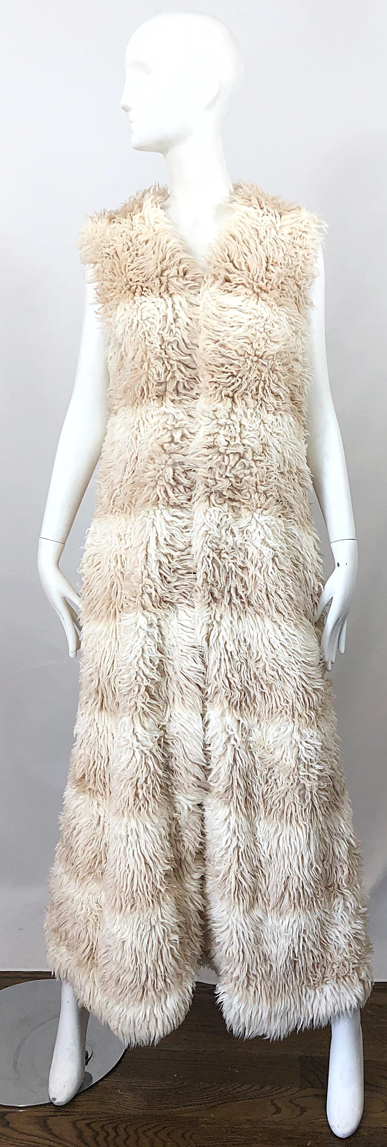 1970s Faux Fur Ivory + Tan Striped Vintage 70s Long Boho Shag Maxi Vest 10