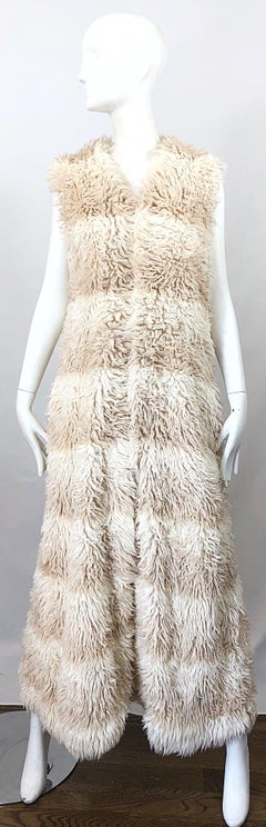 1970s Faux Fur Ivory + Tan Striped Vintage 70s Long Boho Shag Maxi Vest