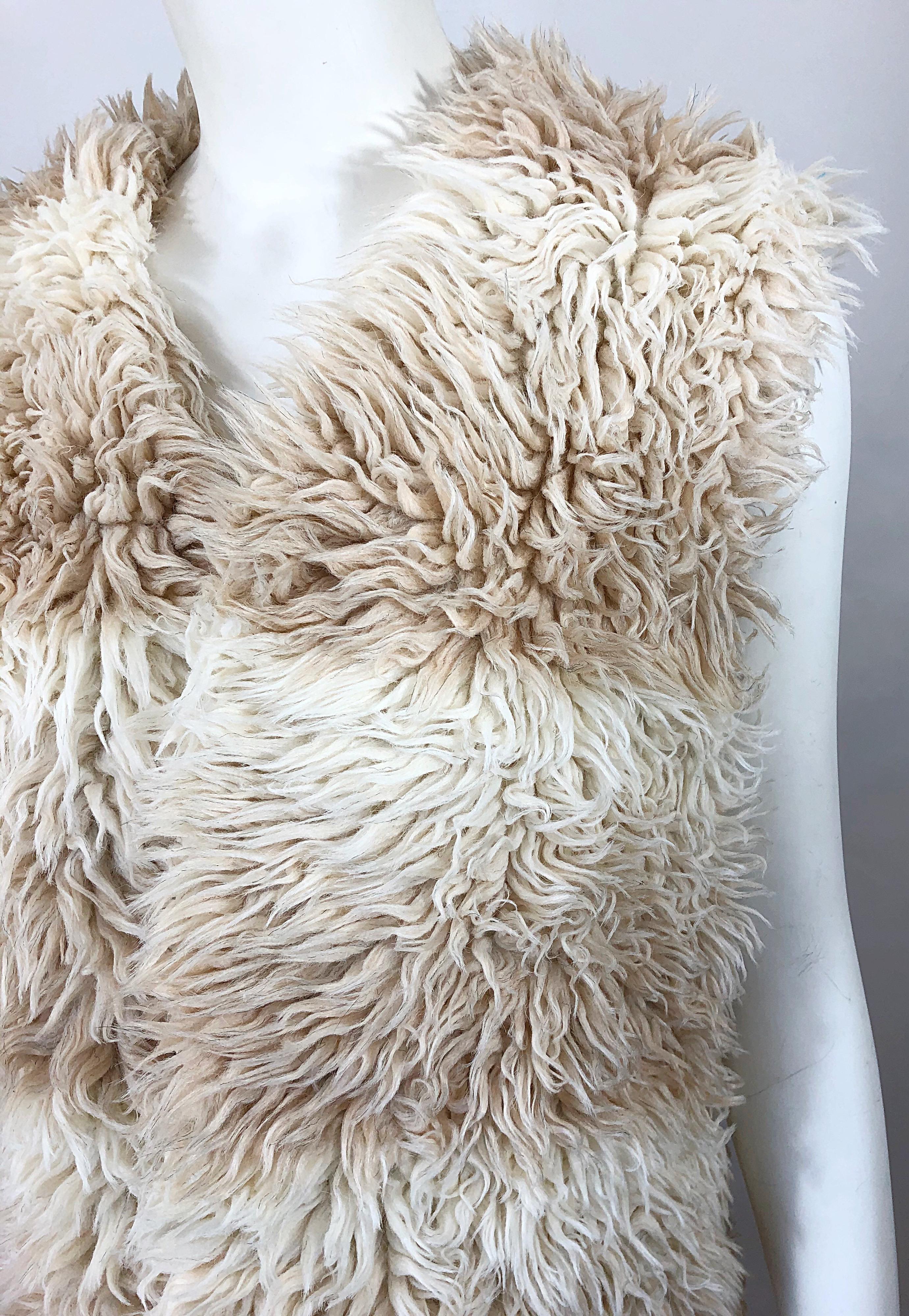Beige 1970s Faux Fur Ivory + Tan Striped Vintage 70s Long Boho Shag Maxi Vest