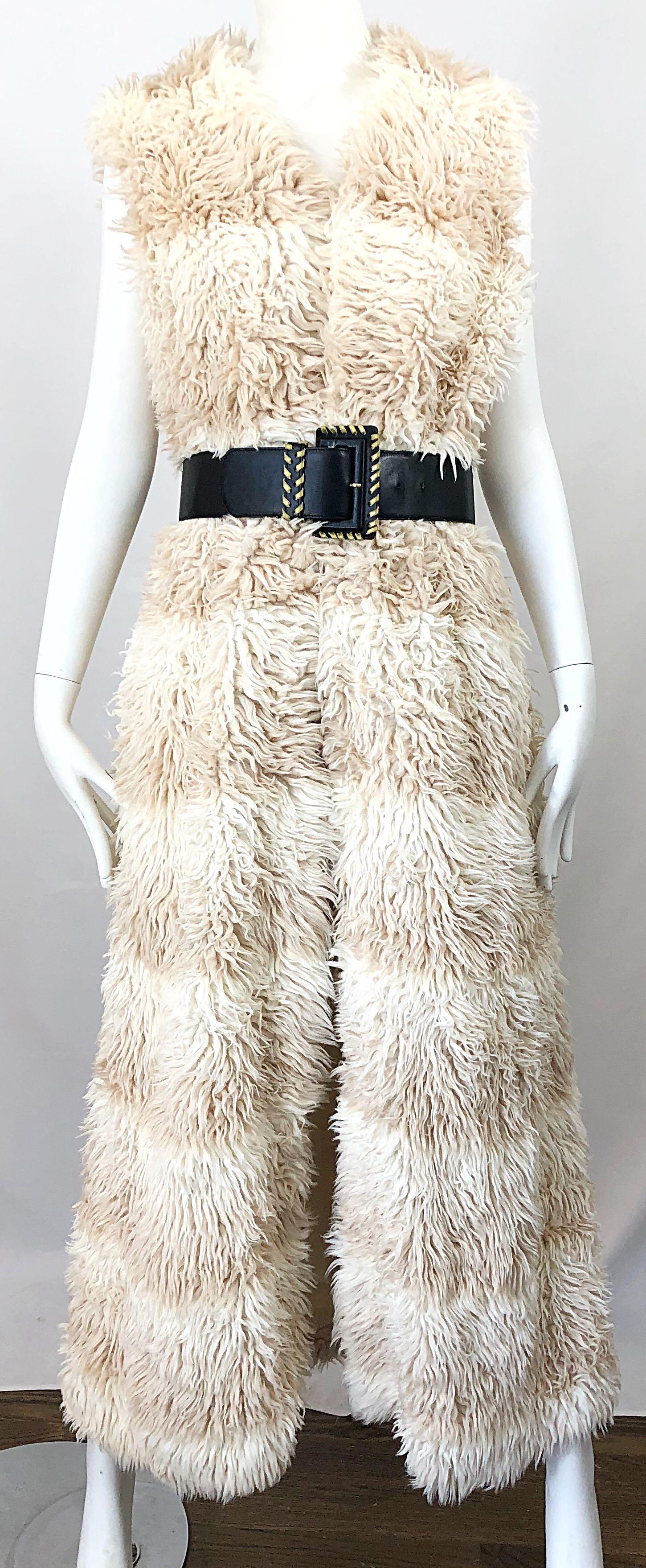 Women's or Men's 1970s Faux Fur Ivory + Tan Striped Vintage 70s Long Boho Shag Maxi Vest