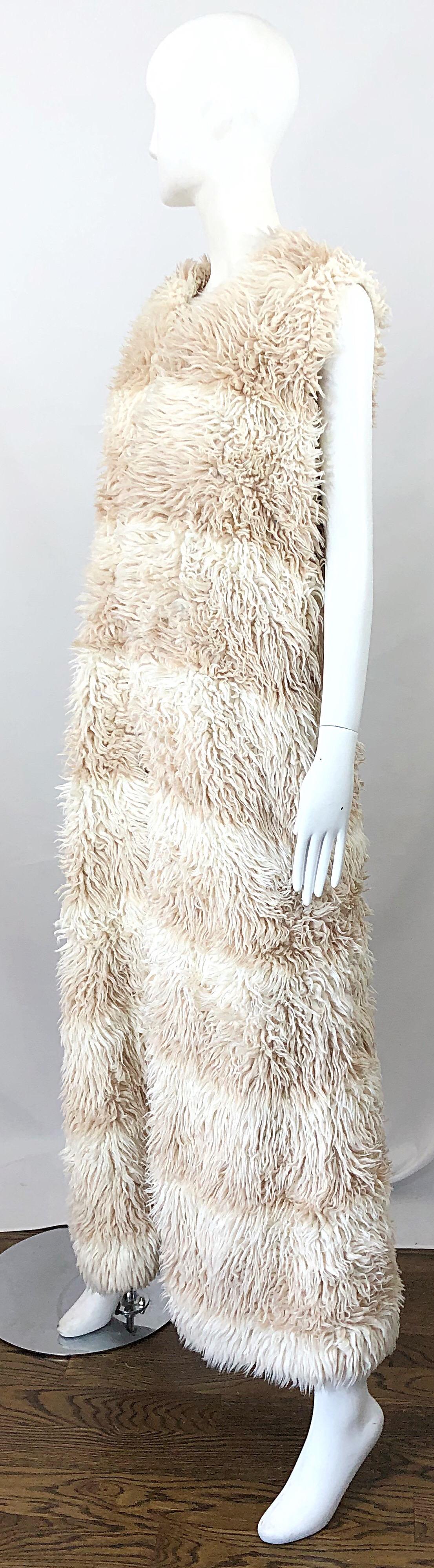 1970s Faux Fur Ivory + Tan Striped Vintage 70s Long Boho Shag Maxi Vest 1