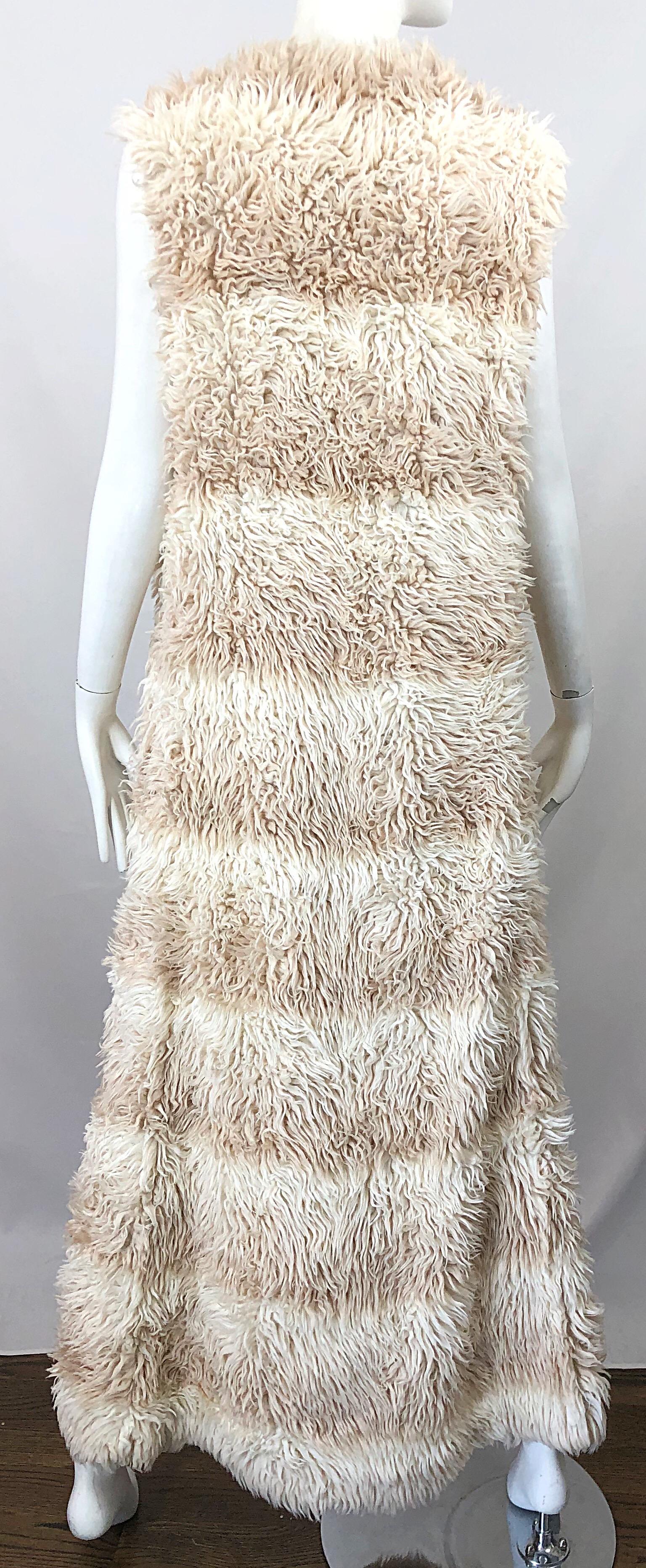 1970s Faux Fur Ivory + Tan Striped Vintage 70s Long Boho Shag Maxi Vest 2