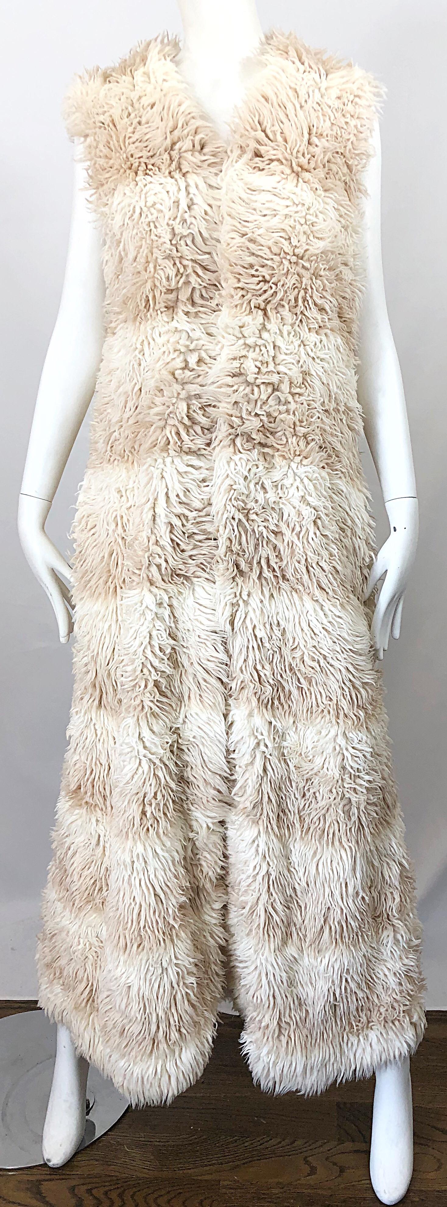 1970s Faux Fur Ivory + Tan Striped Vintage 70s Long Boho Shag Maxi Vest 4