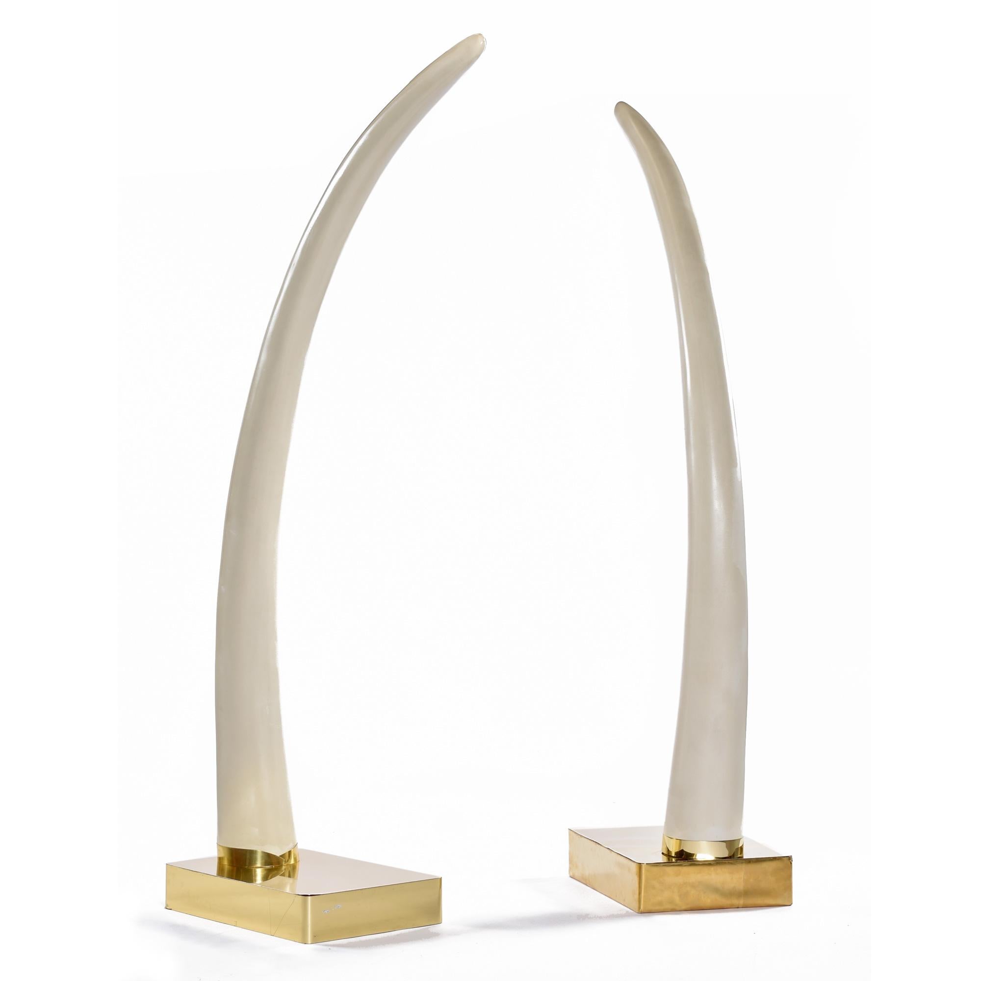 Hollywood Regency Life Size 1970's Faux Ivory Elephant Tusks Mounted on Brass Bases For Sale