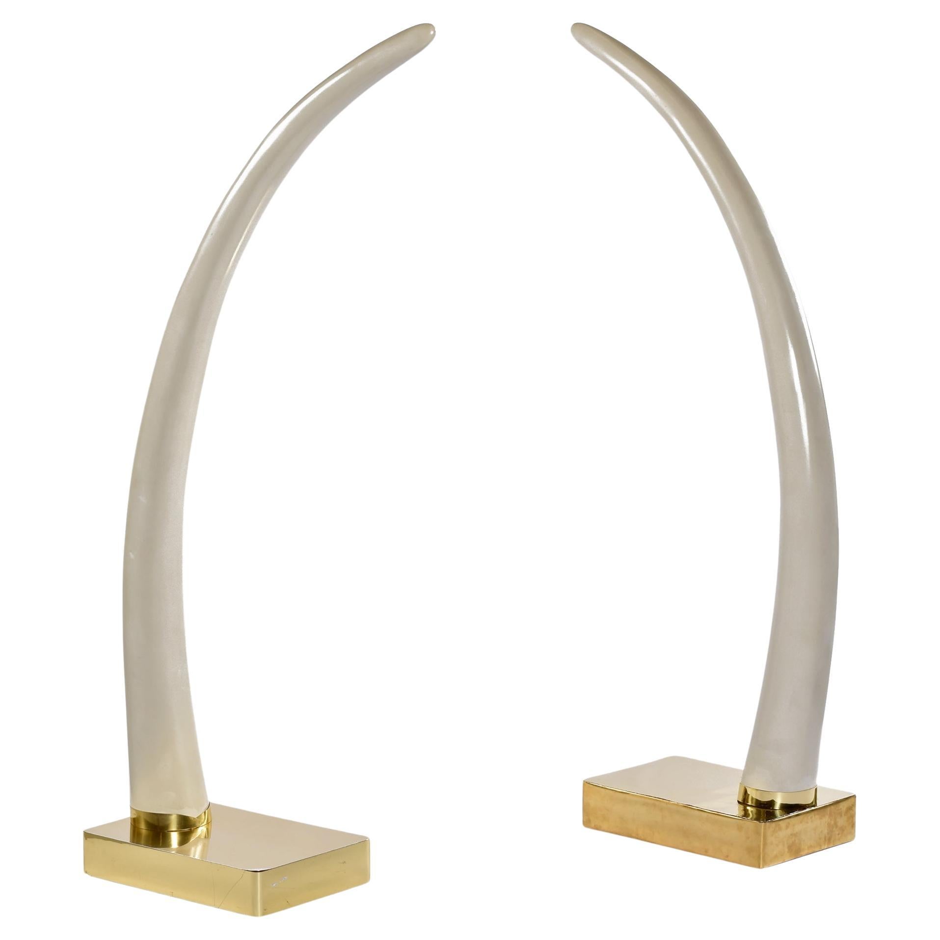 Life Size 1970's Faux Ivory Elephant Tusks Mounted on Brass Bases For Sale