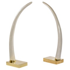 Life Size 1970's Faux Ivory Elephant Tusks Mounted on Brass Bases