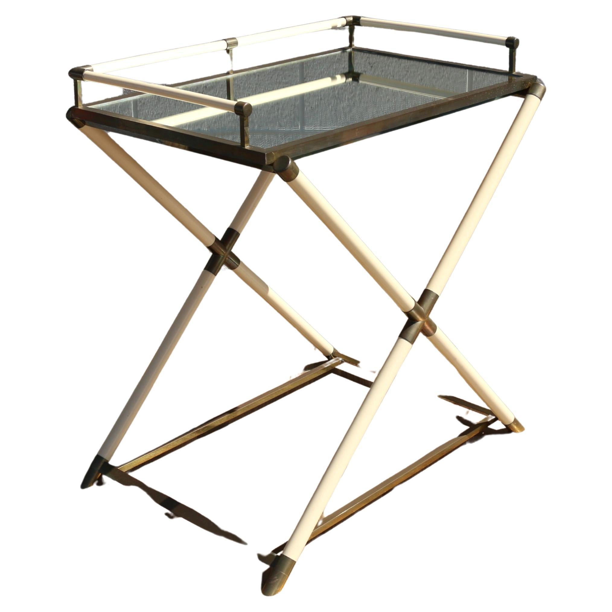 1970s Faux Ivory Lacquer & Brass Bar Tray Table With Mirrored Tray For Sale