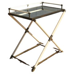 1970s Faux Ivory Lacquer & Brass Bar Tray Table With Mirrored Tray