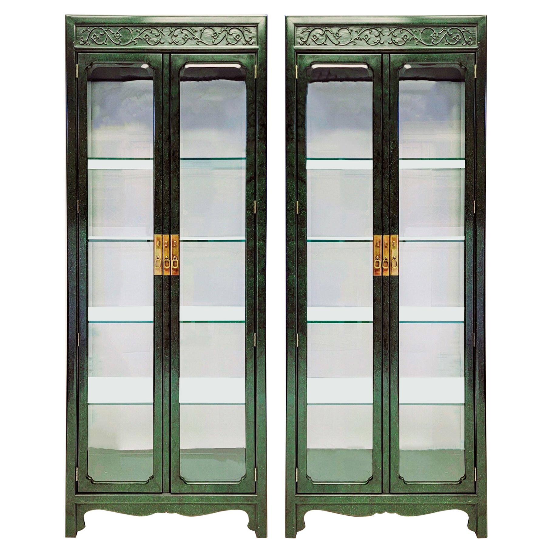 1970s Faux Malachite Asian Style Cabinets By Henredon -A Pair