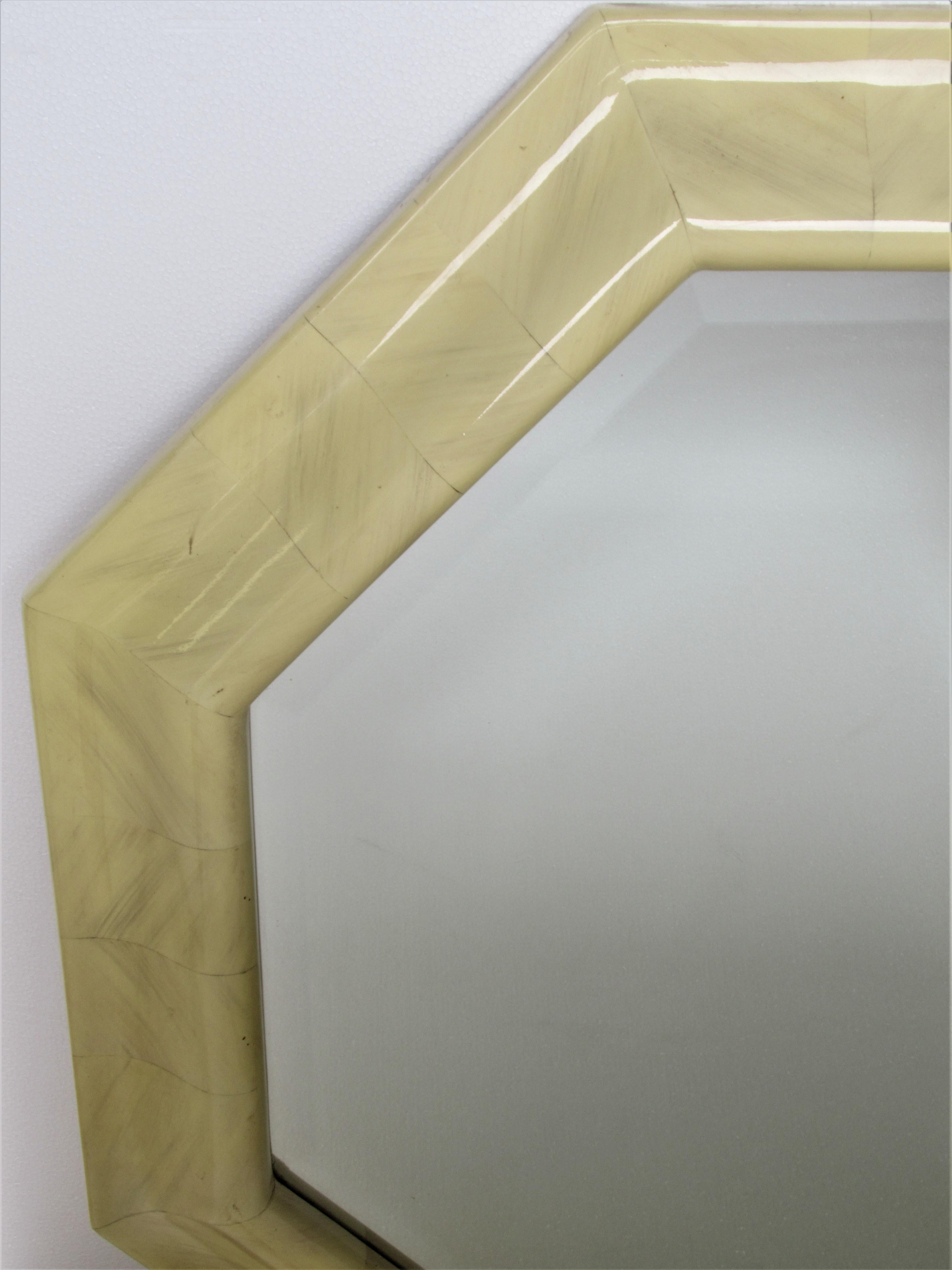 Beveled 1970s Faux Parchment Lacquered Resin Octagon Mirror
