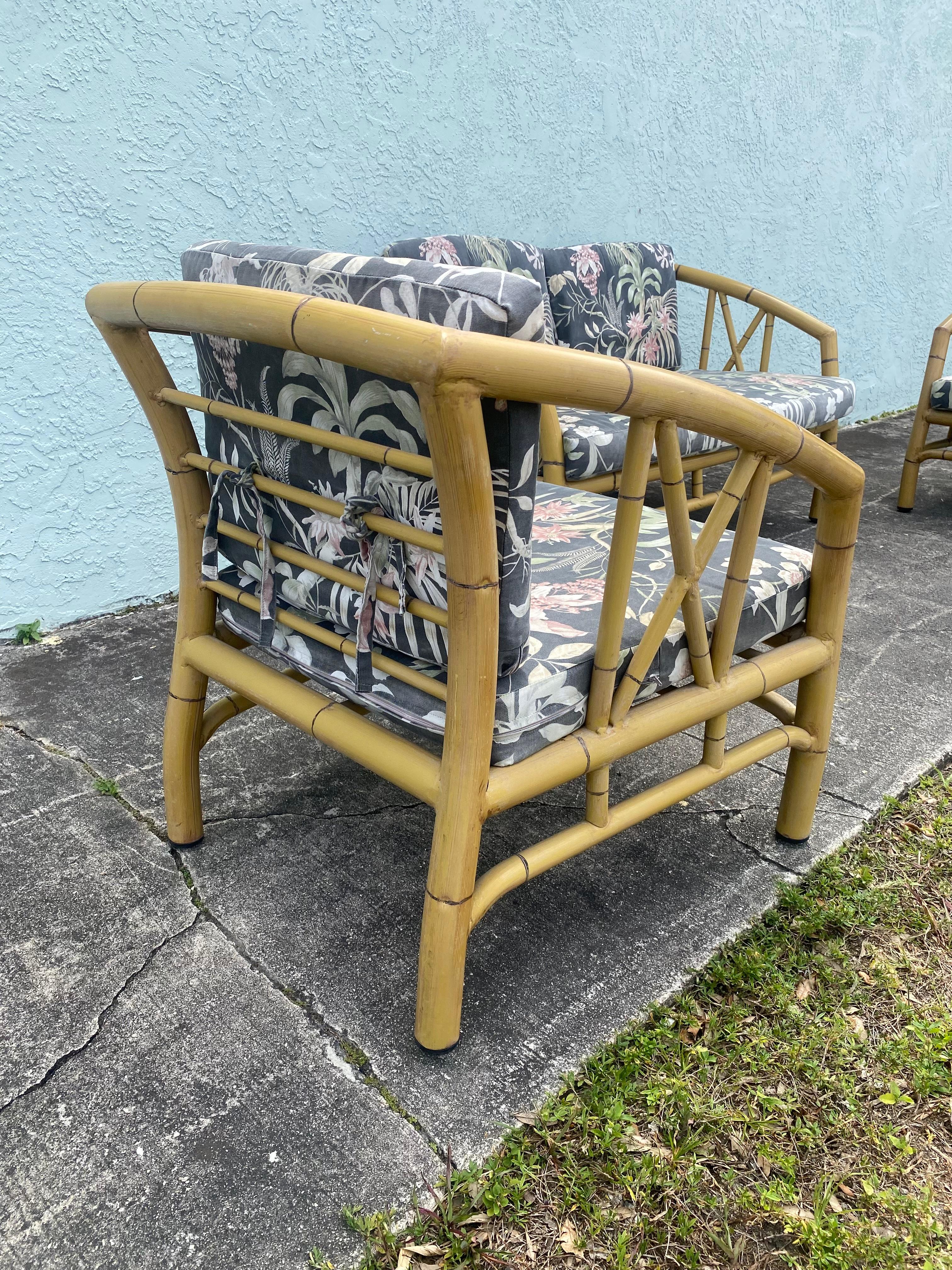 1970s Faux Rattan Chinoiserie Style Aluminum Sofa Chairs, Set 3 For Sale 4