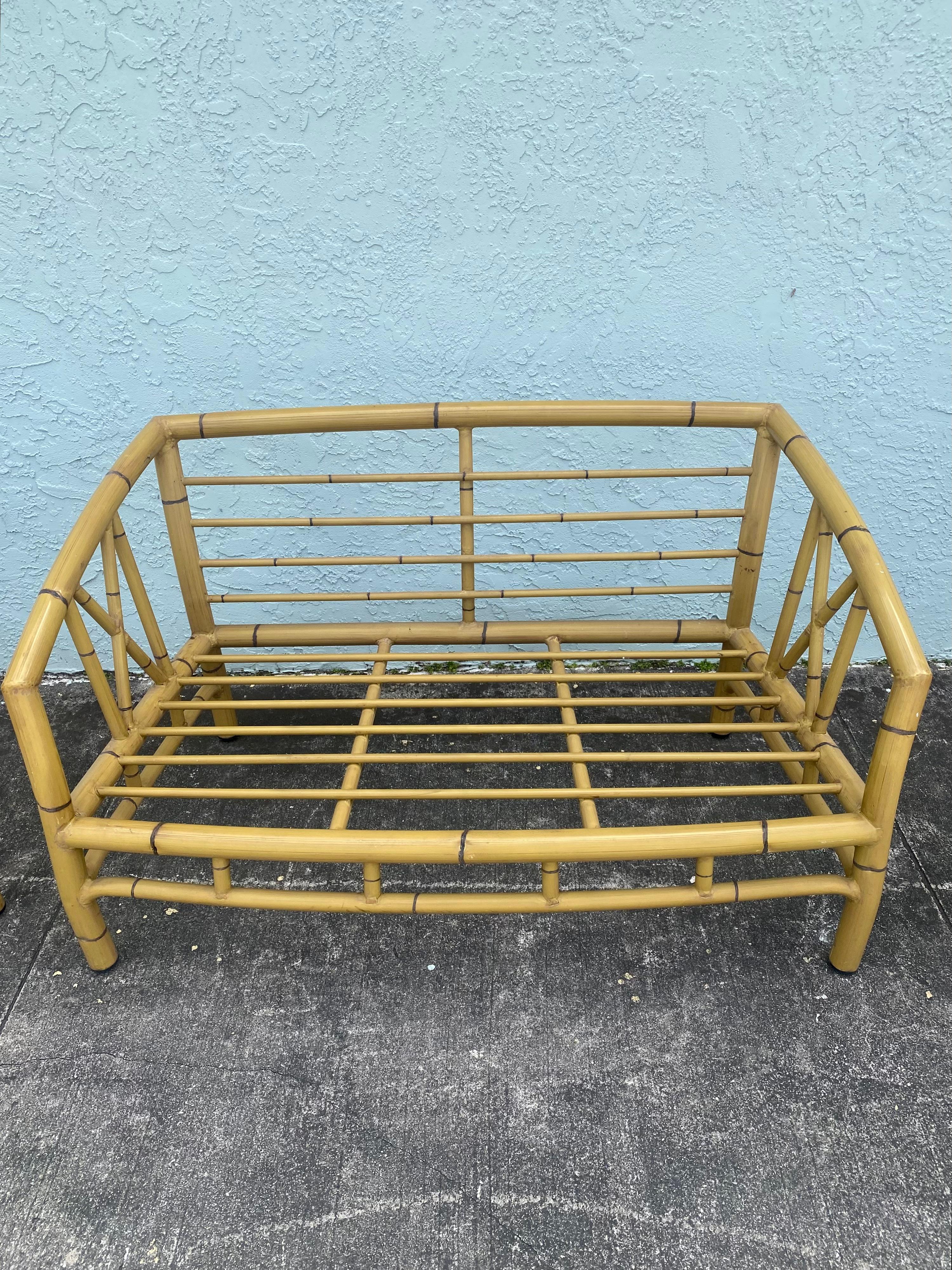 1970s Faux Rattan Chinoiserie Style Aluminum Sofa Chairs, Set 3 For Sale 5