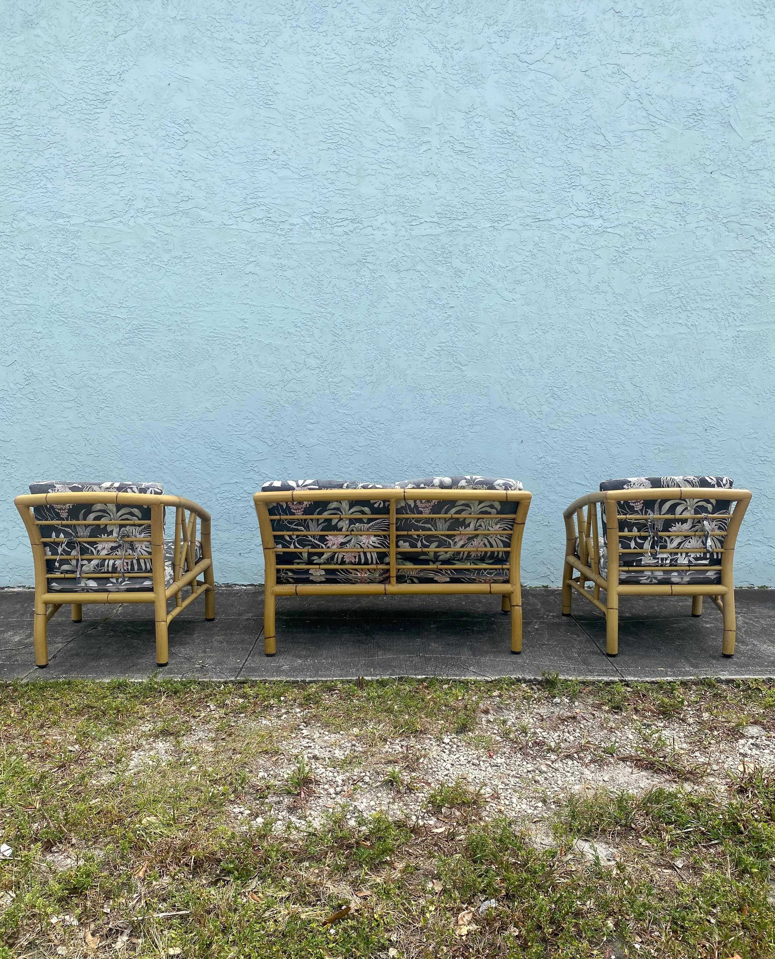 1970s Faux Rattan Chinoiserie Style Aluminum Sofa Chairs, Set 3 For Sale 7