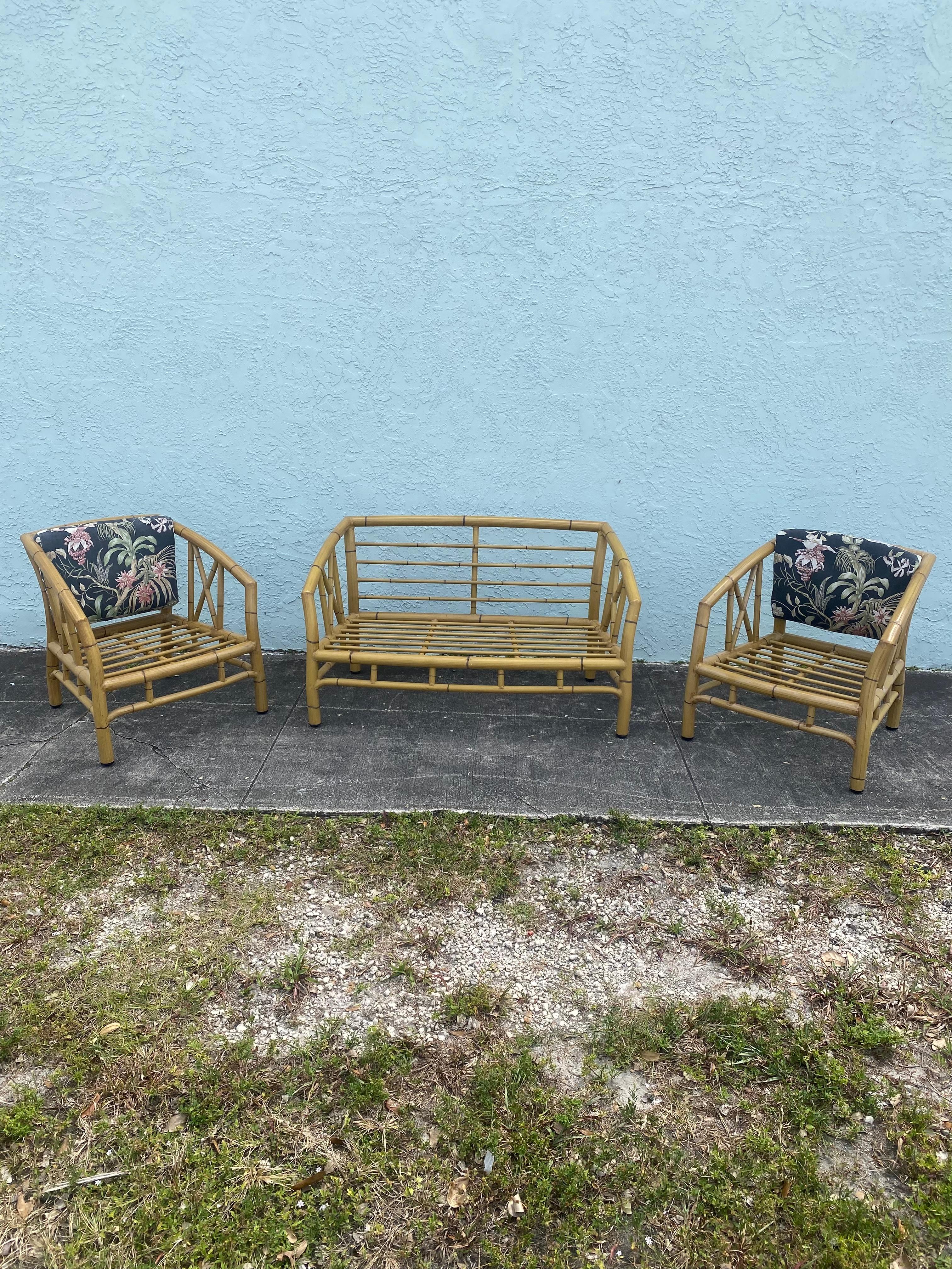 1970s Faux Rattan Chinoiserie Style Aluminum Sofa Chairs, Set 3 For Sale 8
