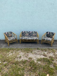 1970s Faux Rattan Chinoiserie Style Aluminum MCM Floral Sofa Chairs, Set 3