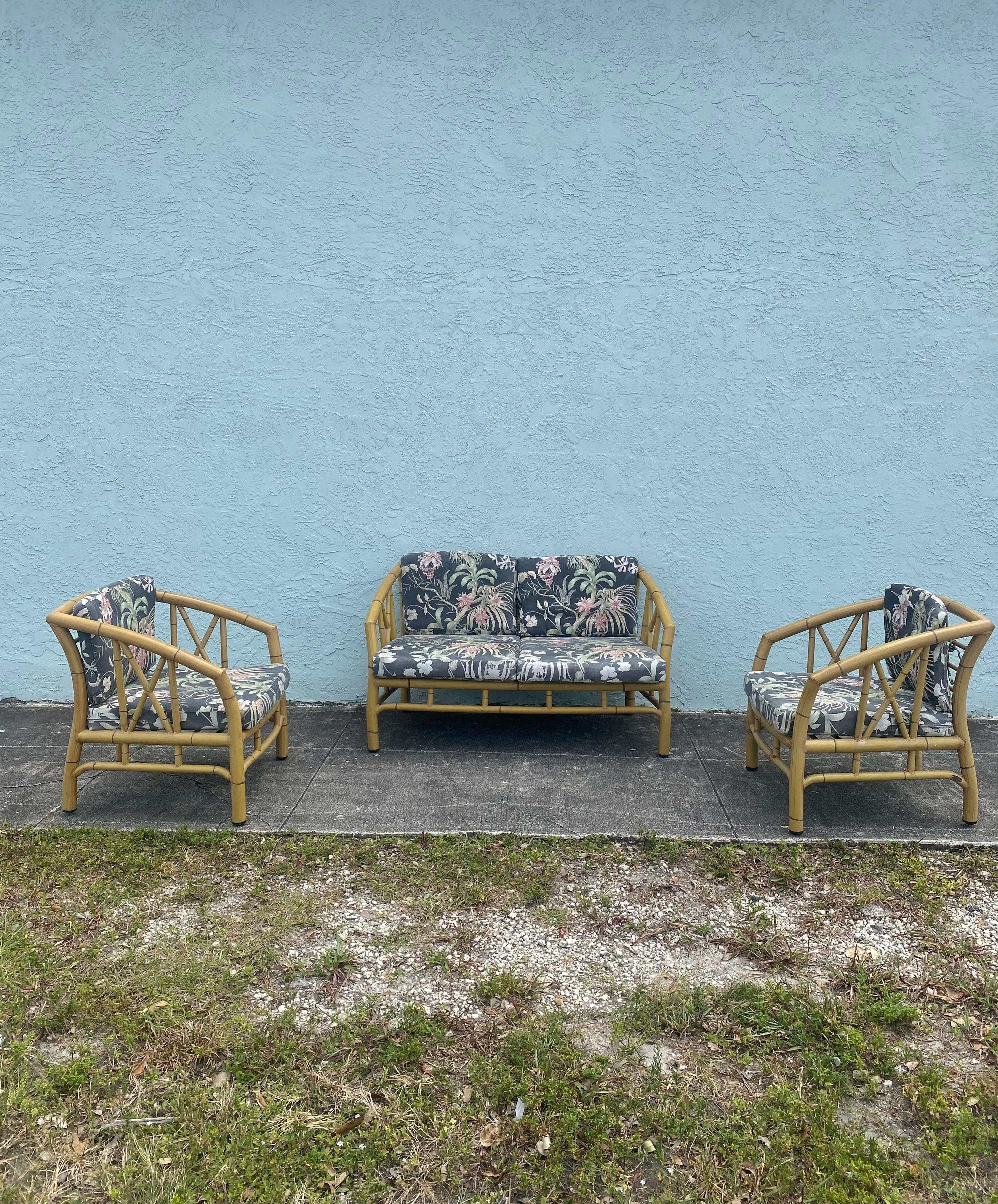 American 1970s Faux Rattan Chinoiserie Style Aluminum Sofa Chairs, Set 3 For Sale