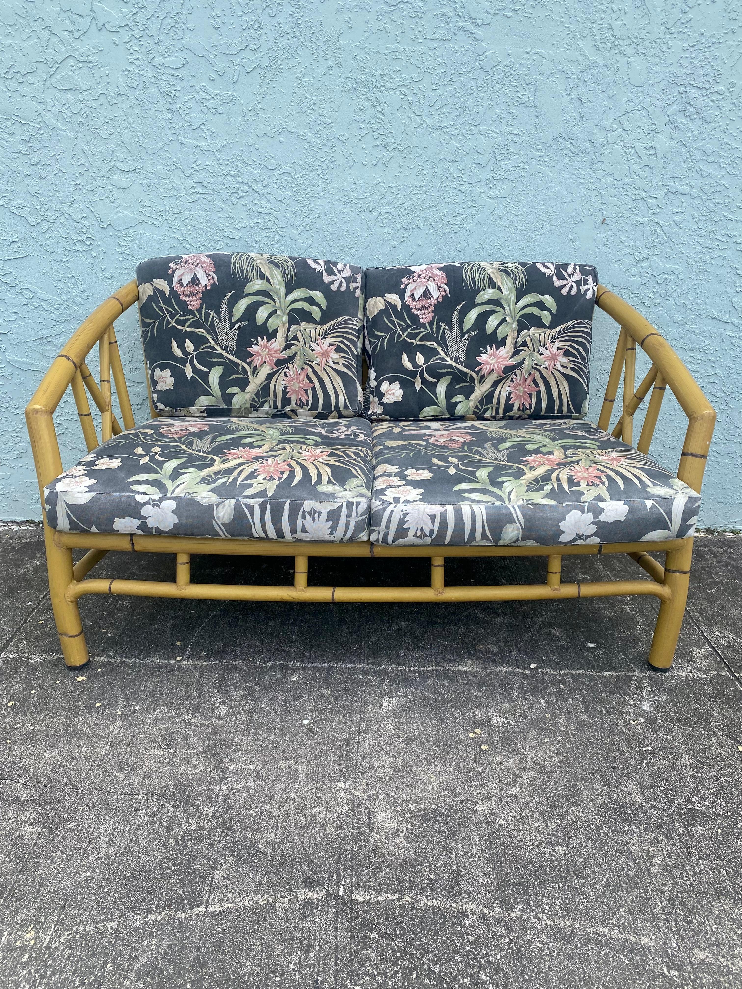 1970s Faux Rattan Chinoiserie Style Aluminum Sofa Chairs, Set 3 In Good Condition For Sale In Fort Lauderdale, FL