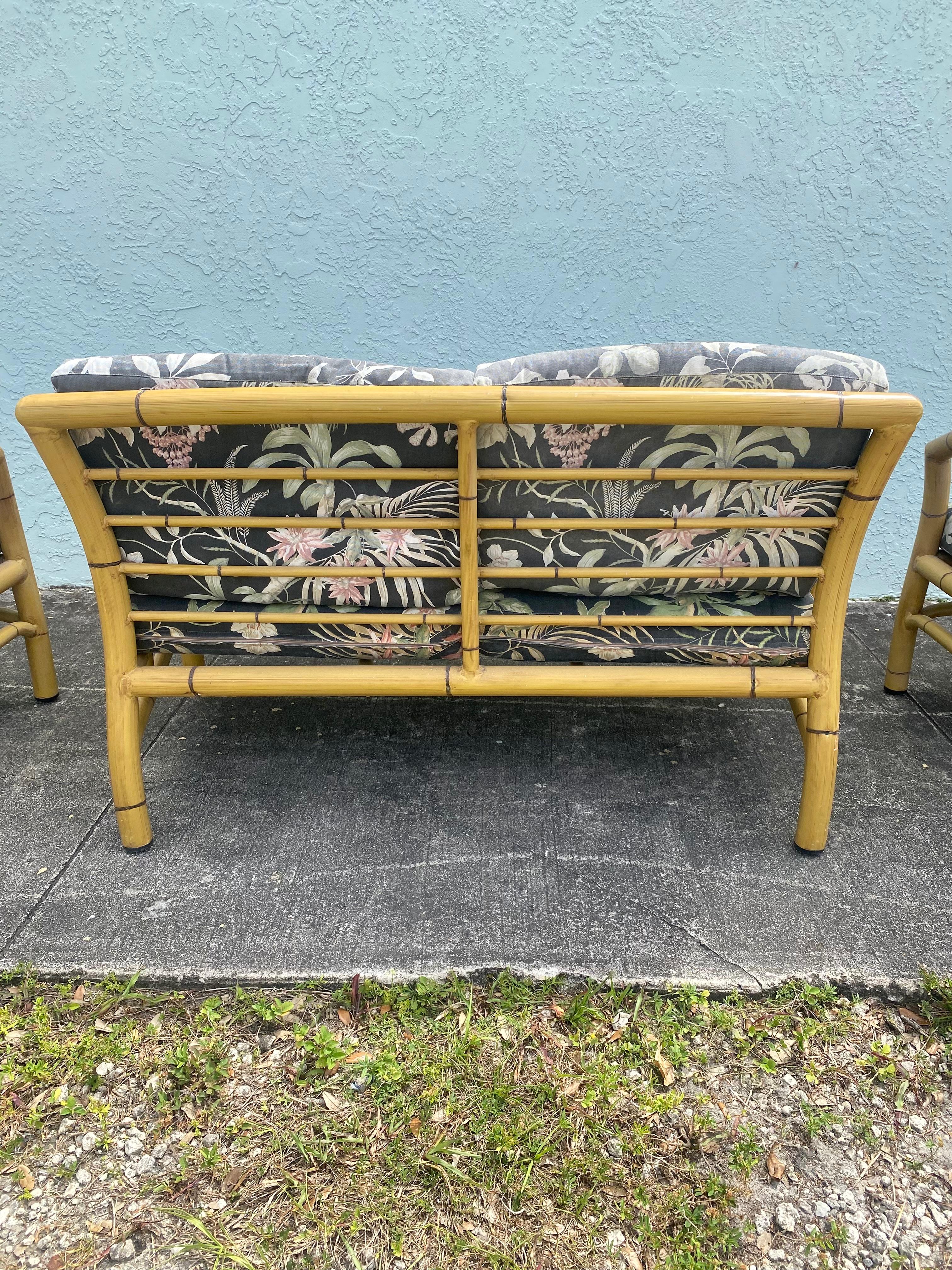 Late 20th Century 1970s Faux Rattan Chinoiserie Style Aluminum Sofa Chairs, Set 3 For Sale