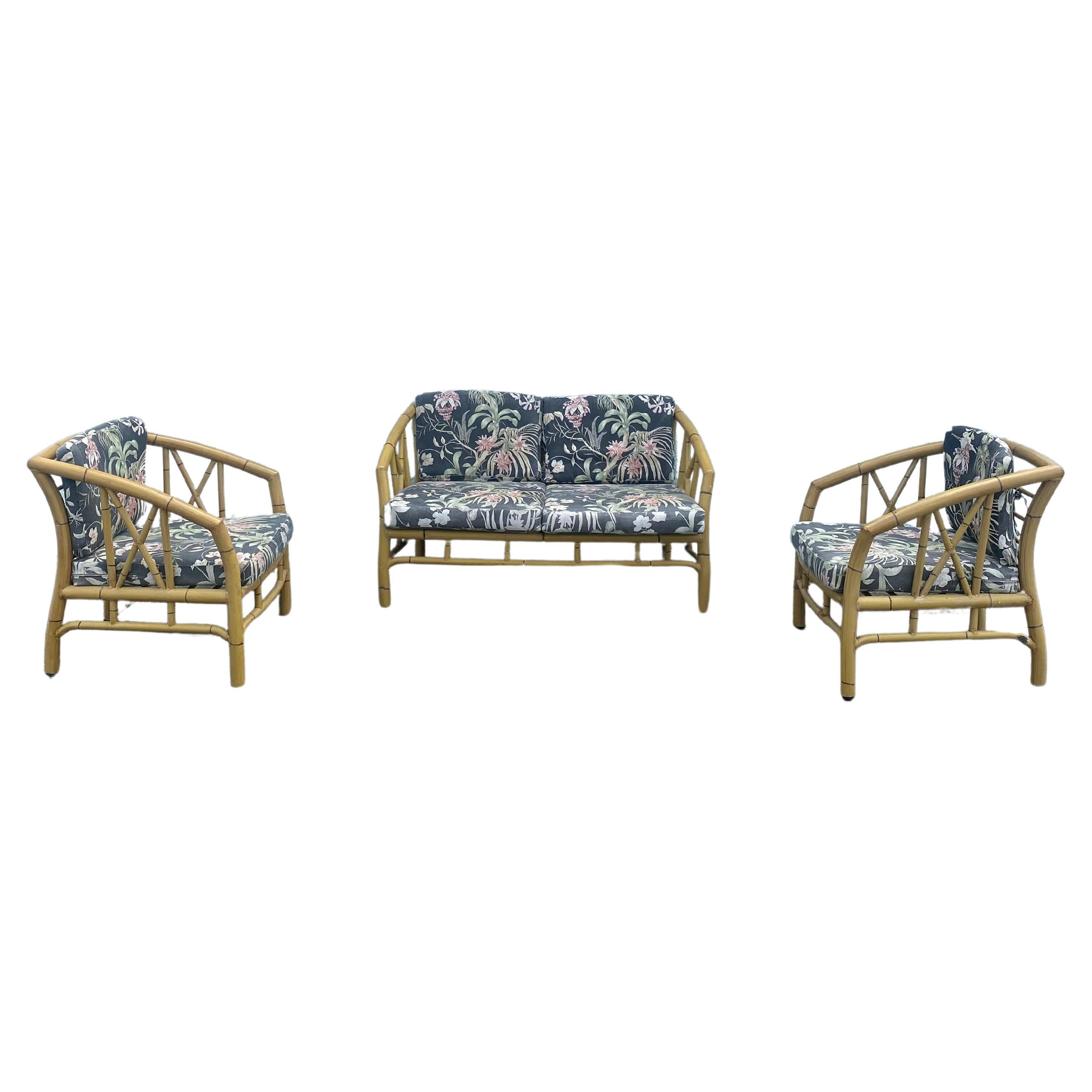 1970s Faux Rattan Chinoiserie Style Aluminum Sofa Chairs, Set 3 For Sale
