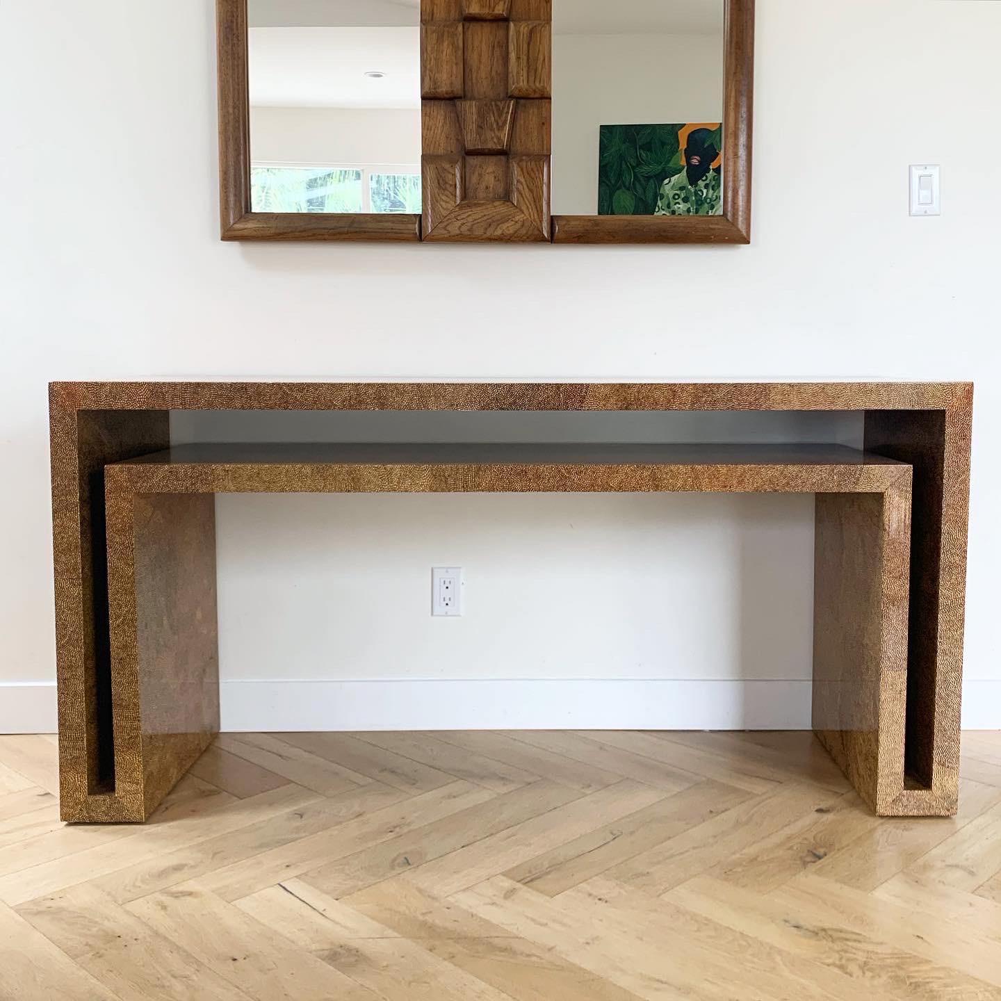 Wood 1970s Faux Shagreen Geometric Console Table