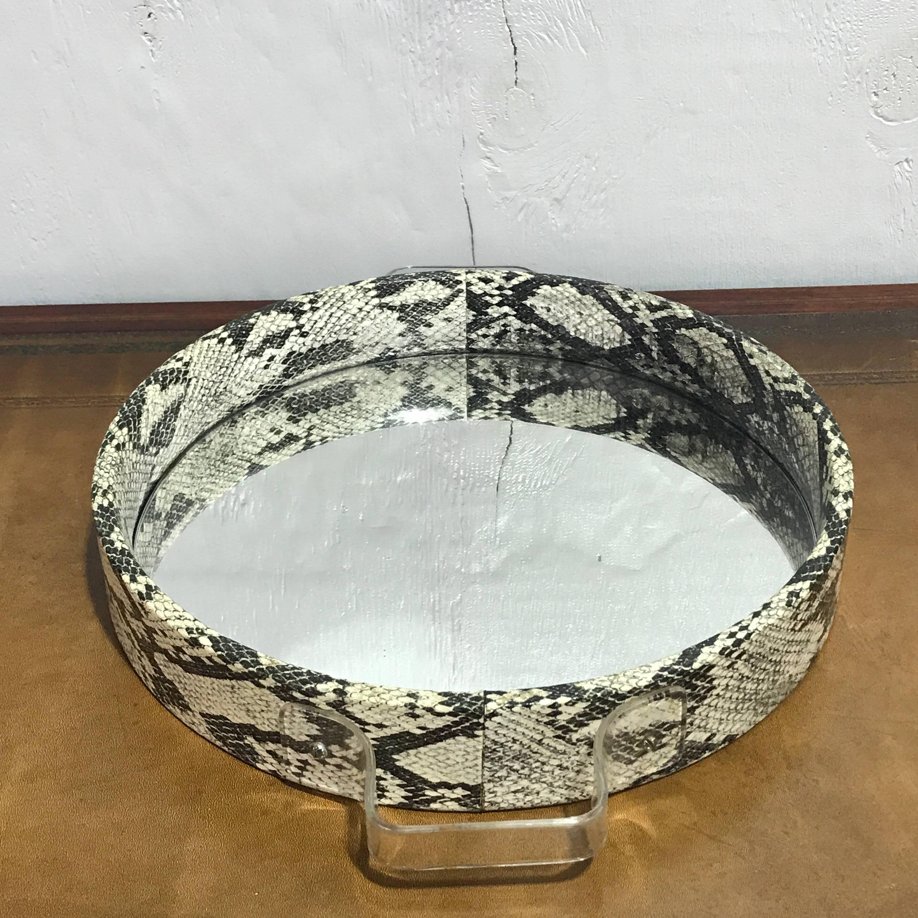 American 1970s Faux Snakeskin and Lucite Mirrored Dresser Tray