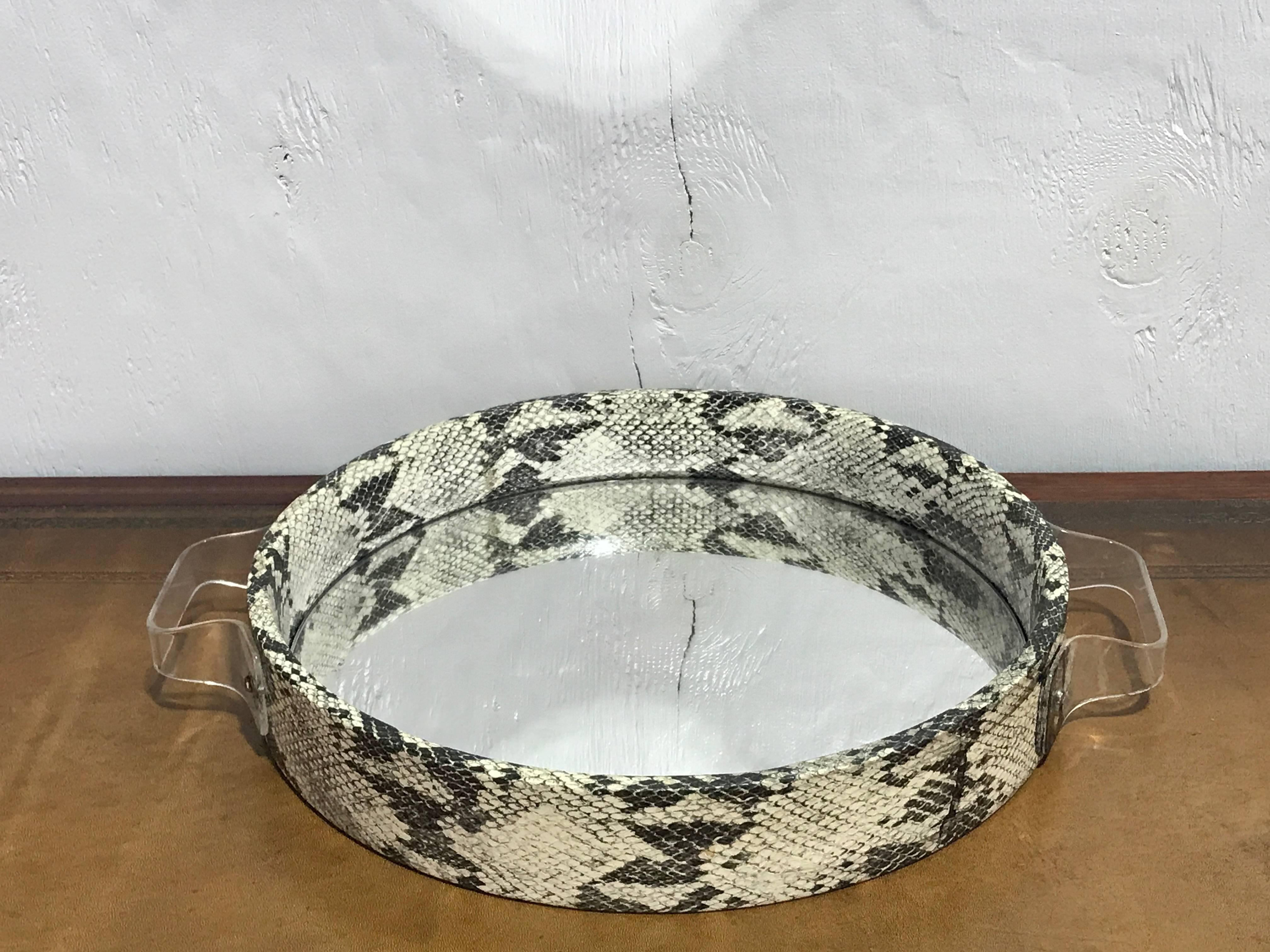 Late 20th Century 1970s Faux Snakeskin and Lucite Mirrored Dresser Tray