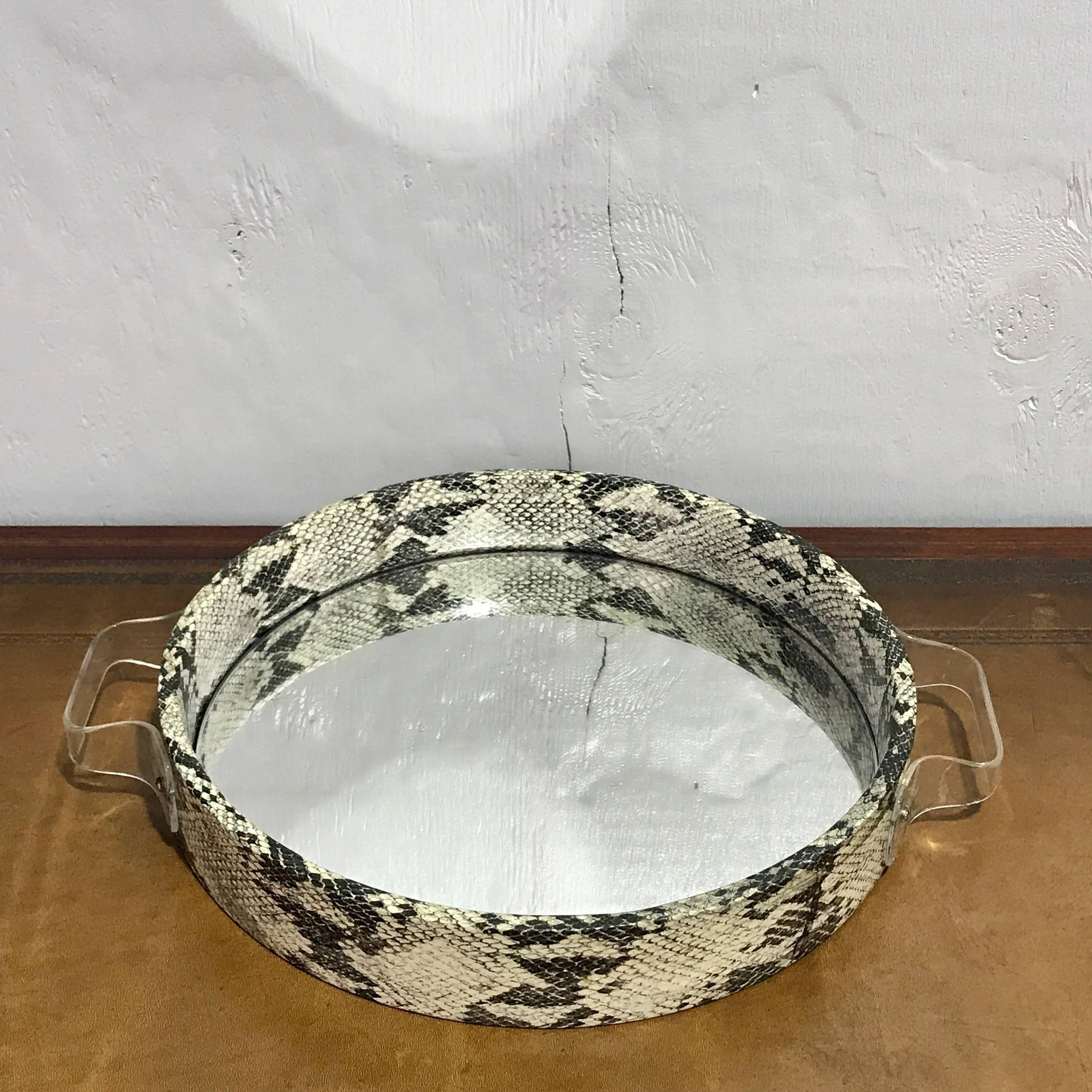 1970s Faux Snakeskin and Lucite Mirrored Dresser Tray 1