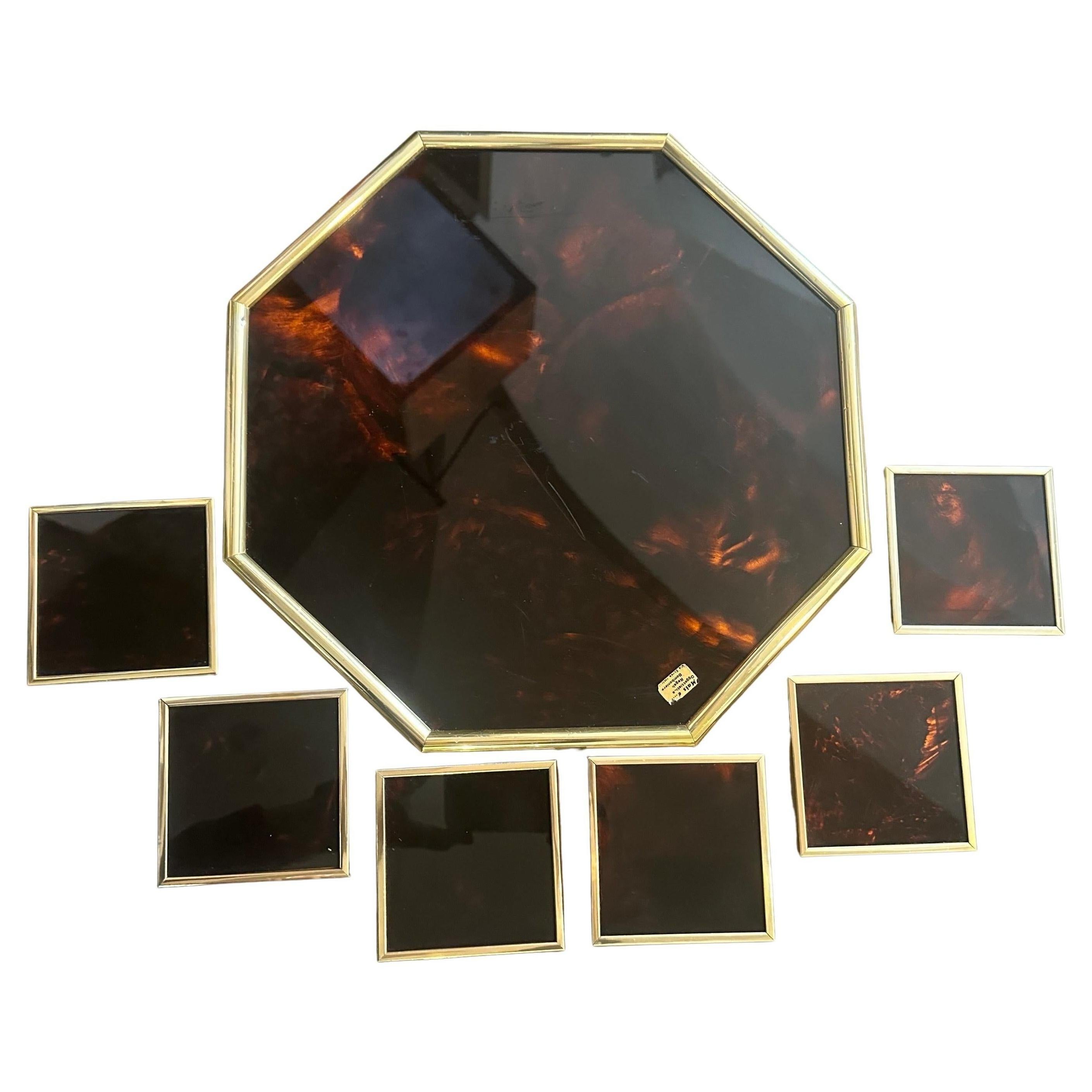1970s Faux Tortoiseshell Lucite and Brass Italian Octagonal Tray and Coasters