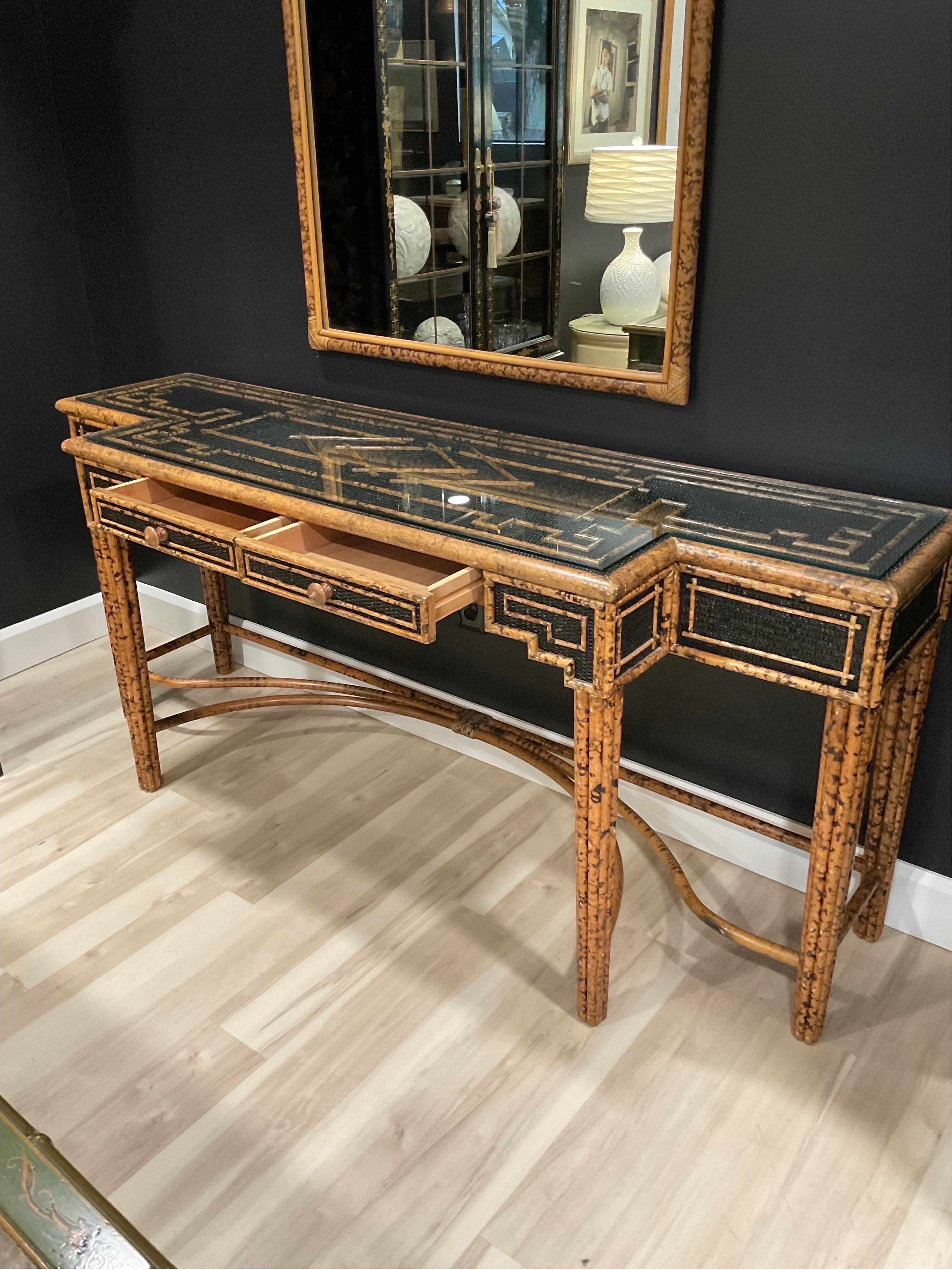 1970s Faux Tortoiseshell Ratan and Bamboo Console Table and Matching Mirror - Se For Sale 1