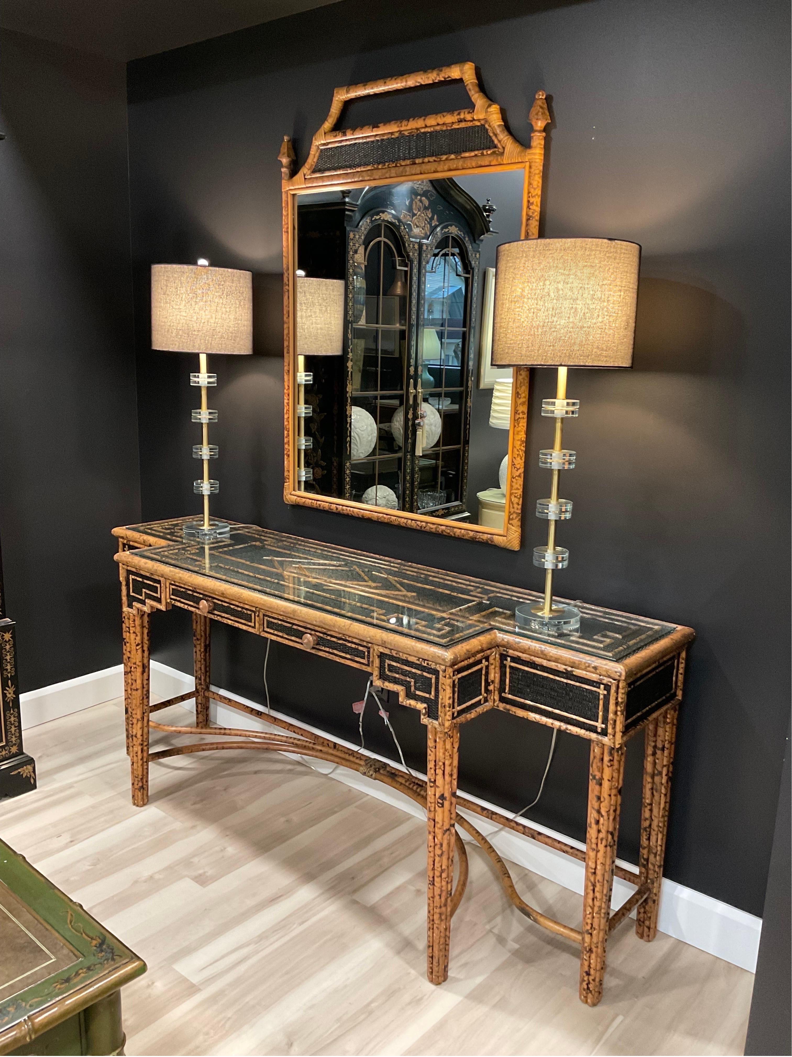 1970s Faux Tortoiseshell Ratan and Bamboo Console Table and Matching Mirror - Se For Sale 3